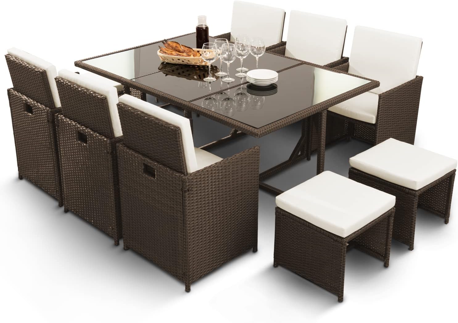 KEPLIN 11 Piece Rattan Garden Furniture Set with Glass Table, Chairs