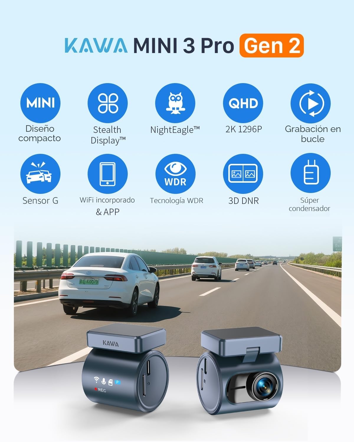 KAWA Dashcam - Pantalla Transparente, 2K1296P Cámara para Coche,Control por Voz, WDR/3D DNR, Visión Nocturna, Sensor G, Supercondensador, Incluye Tarjeta SD 32GB, App Control