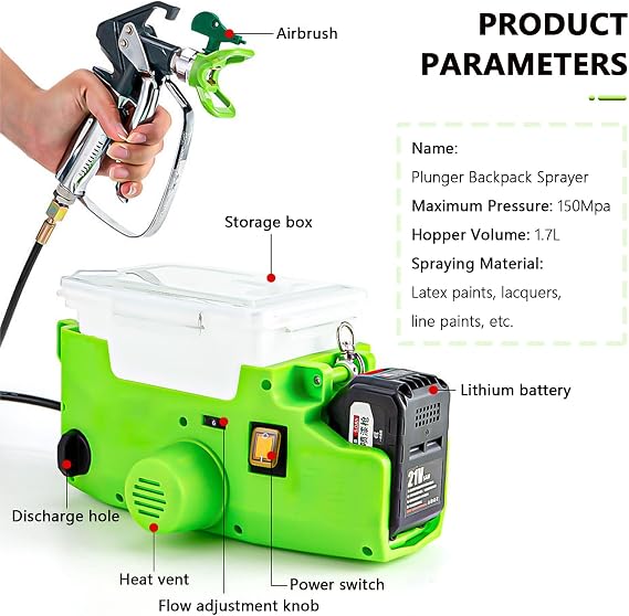 Paint Sprayer, 1700ml Airless Paint Sprayer with 1.5m Hose and Strap, 6 Gear Speed, High Pressure Spraying Machine for Home Interior Exterior, Include Lithium Battery