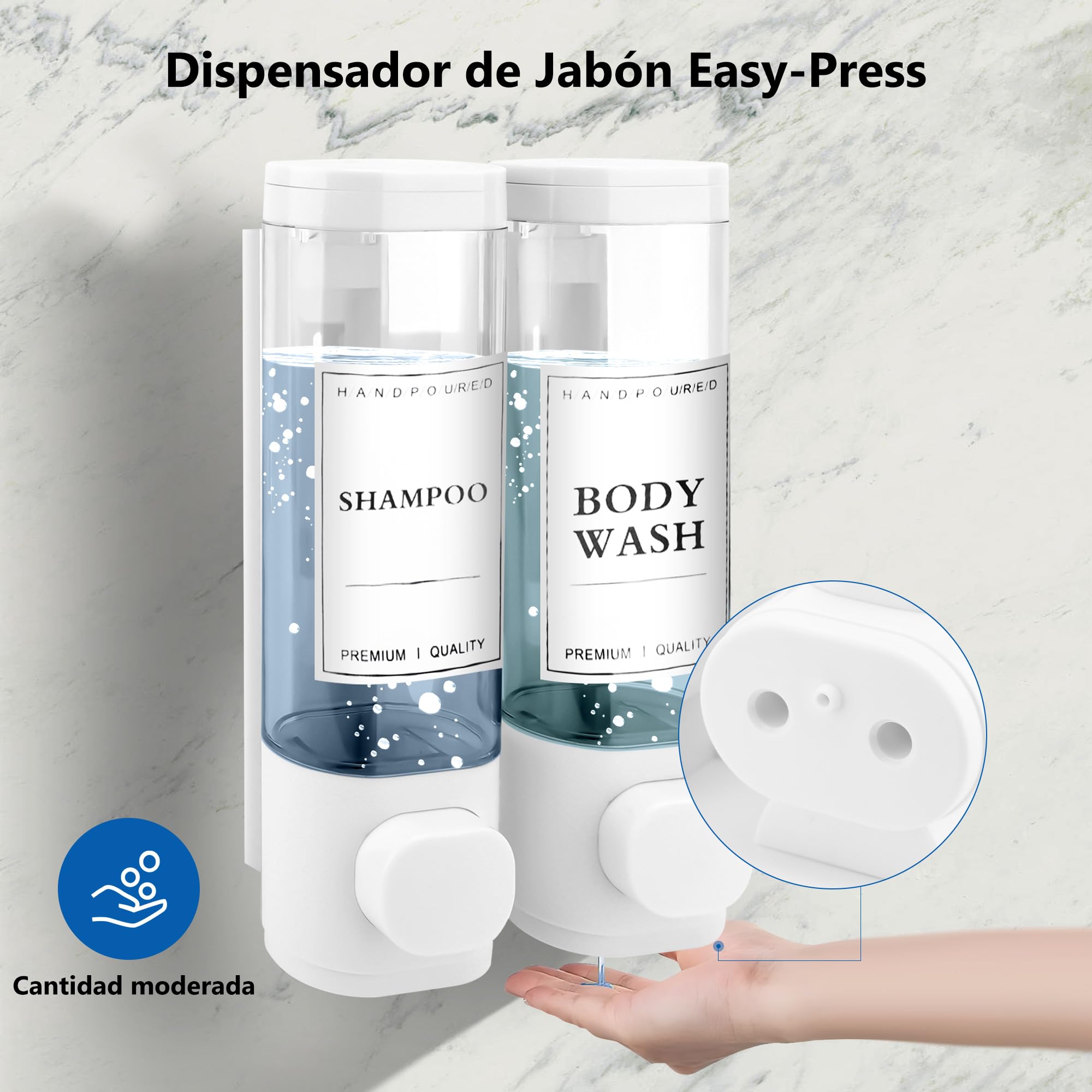 Dispensador Jabón Baño para Montaje en Pared, Dispensador de Jabón Líquido, Dispensador Gel y Champu Ducha para Hotel, Hogar,2x300ml(Blanco)