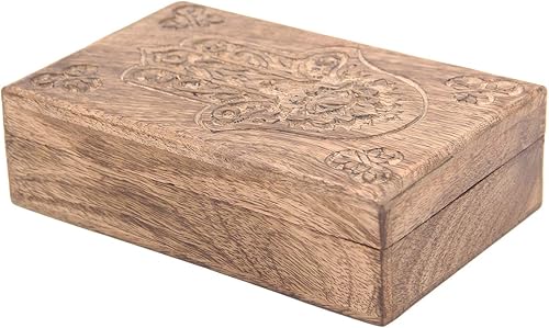 DharmaObjects Hamsa Hand of Fatima - Caja de almacenamiento de madera tallada a mano para joyería, recuerdo (mano de atima, L)