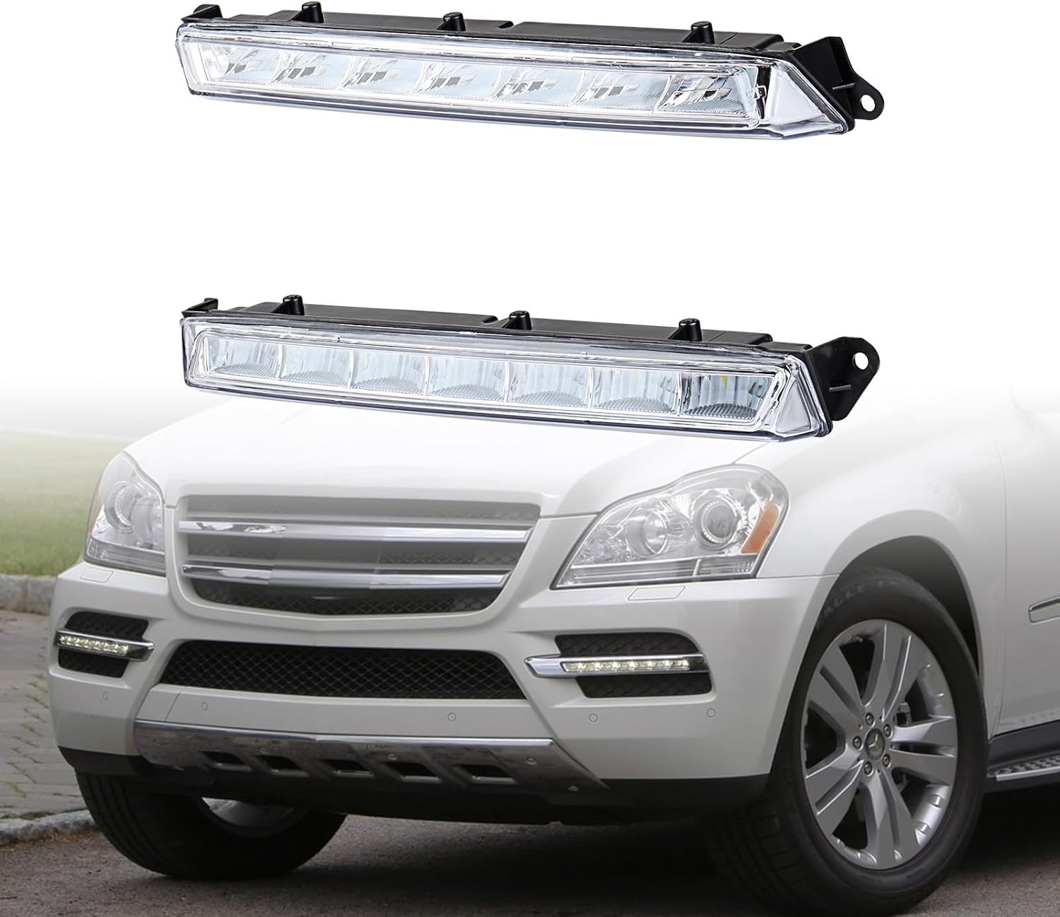 2pcs Front LED Fog Light Daytime Running Lamp, Compatible with 2007-2016 Mercedes GL-Class GL320 GL350 GL450 GL550 X164, White, Black Housing Clear Lens, OE A1649060351, A1649060451