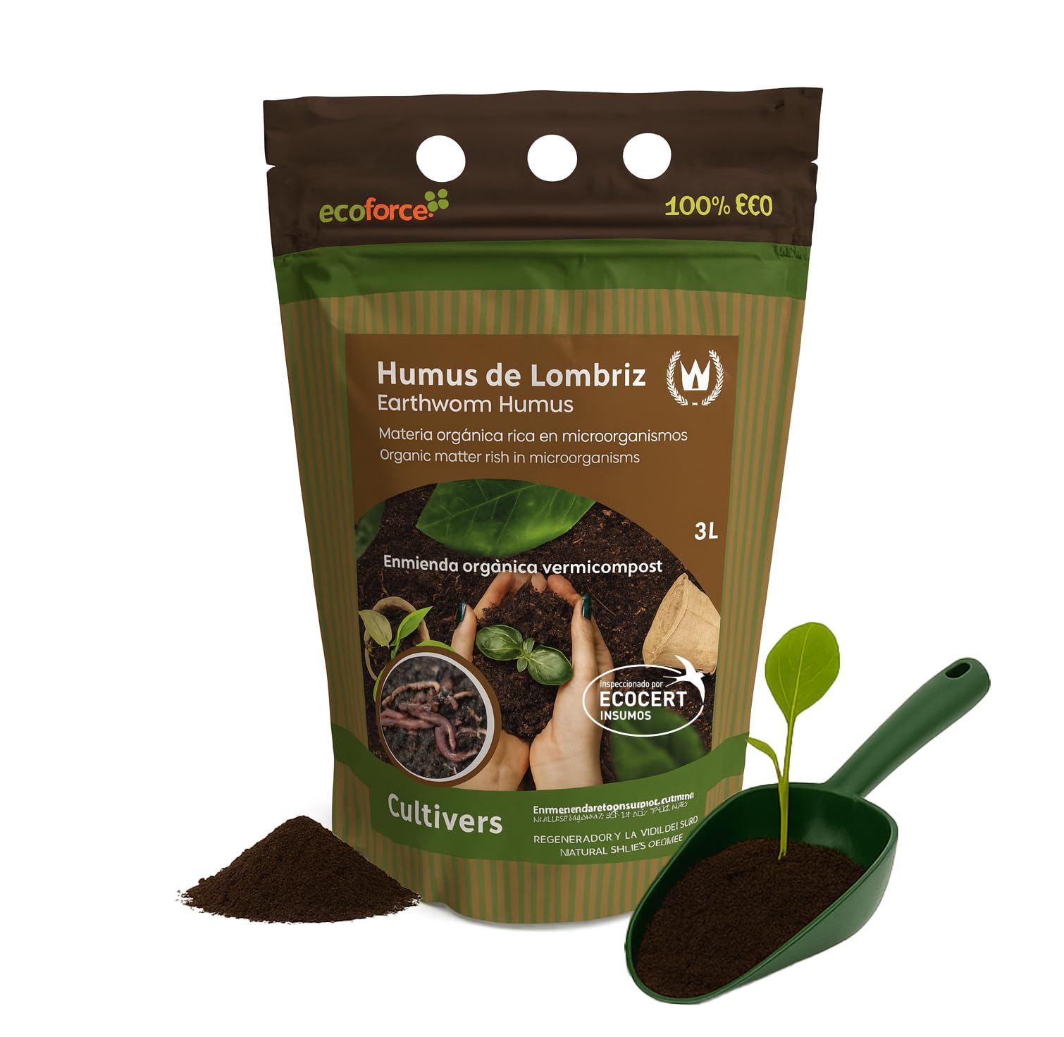 CULTIVERS Humus de Lombriz Ecológico 3 L Certificado | Abono Orgánico para Plantas y Huerto | Mejora la Estructura del Suelo y Favorece el Desarrollo Vegetal