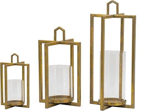 Benjara 19، 15، 11 Inch Lanterns، Set of 3، Tea Light Glass Holders، Modern، Gold and Clear
