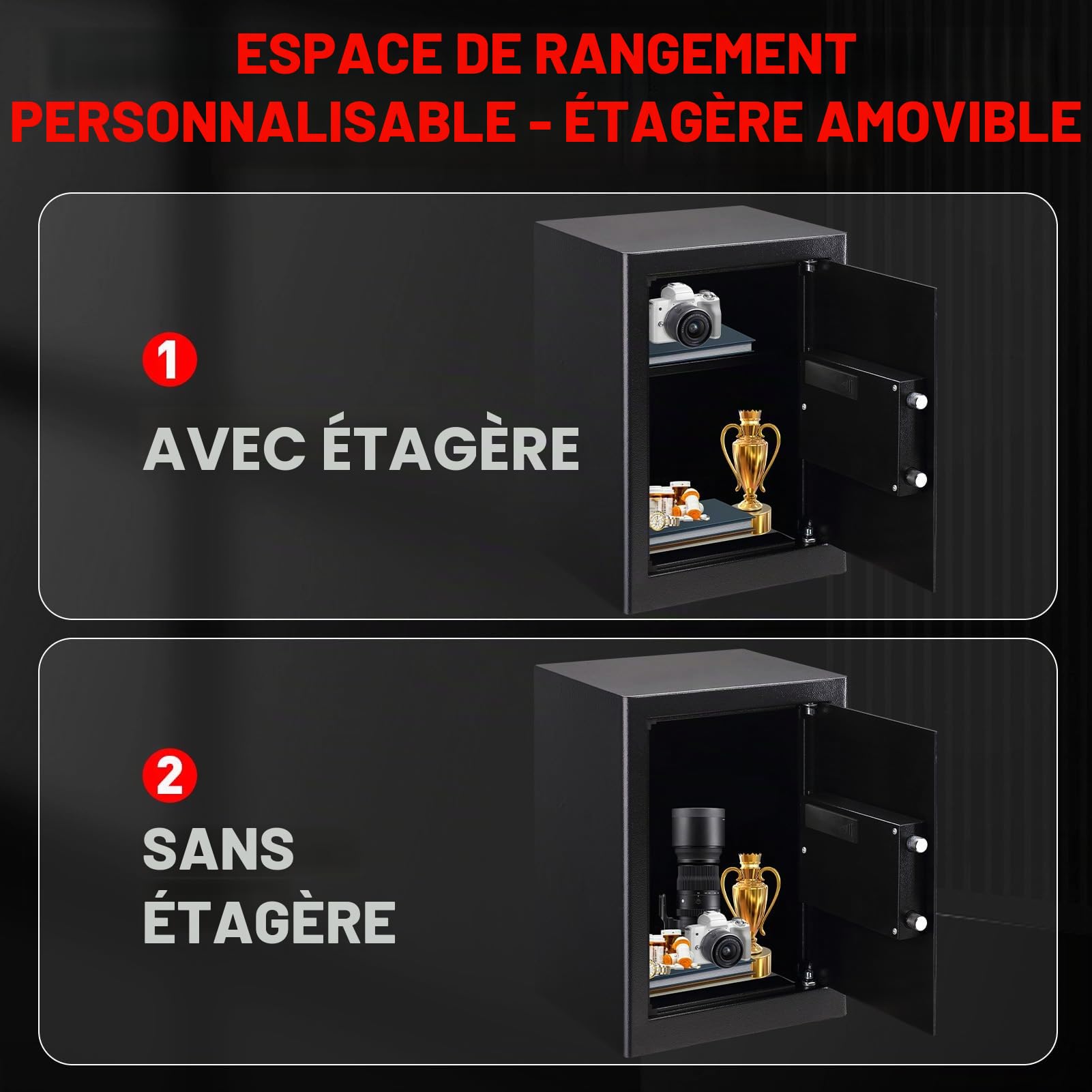 Coffre-fort de sécurité en acier de grande taille avec éclairage LED et clavier numérique, boîte de sécurité pour la maison de 60L avec sac ignifuge, coffre-fort sécurisé pour argent, bijoux
