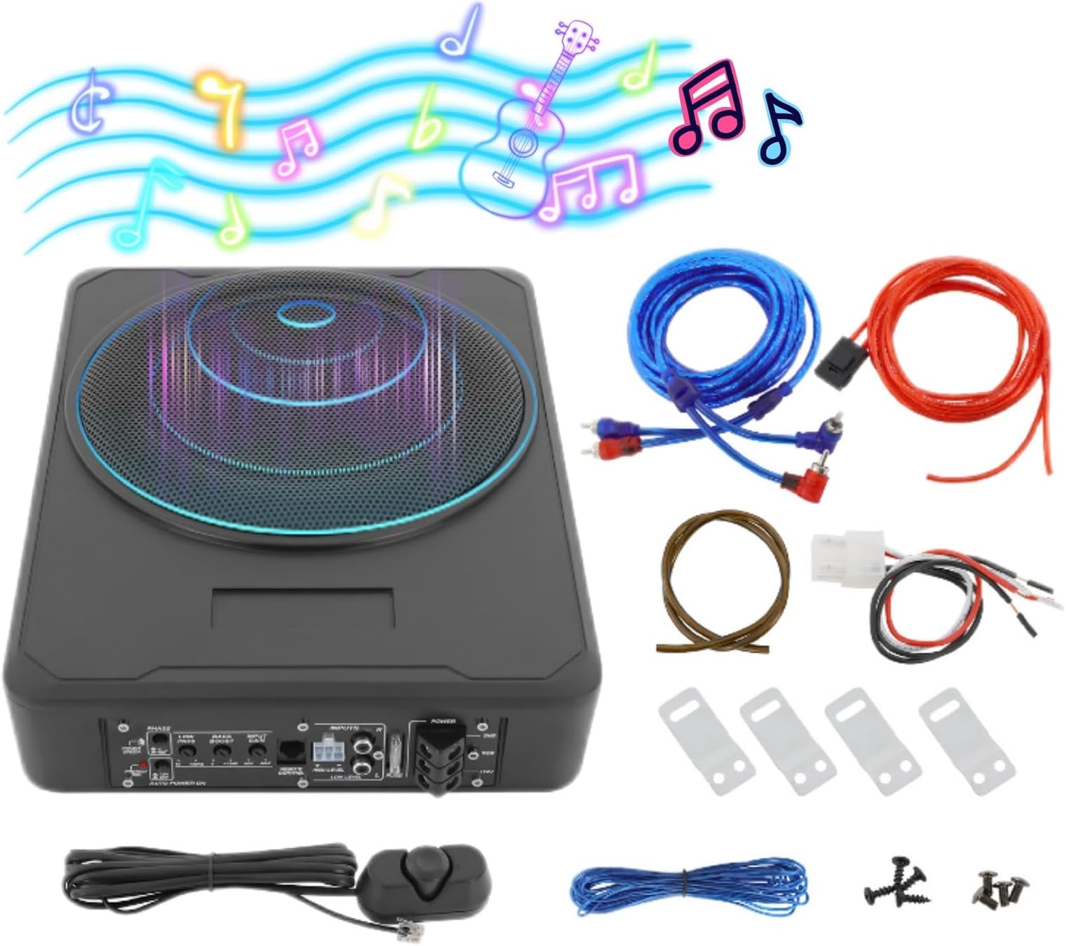 KeruRome 10" 600W Slim Under Seat Powered Car Subwoofer, Sealed Active Subwoofer, Car Audio Subwoofers Truck Box, Compact Enclosed Active Underseat Car Audio Subwoofer, Powered Subwoofer Car