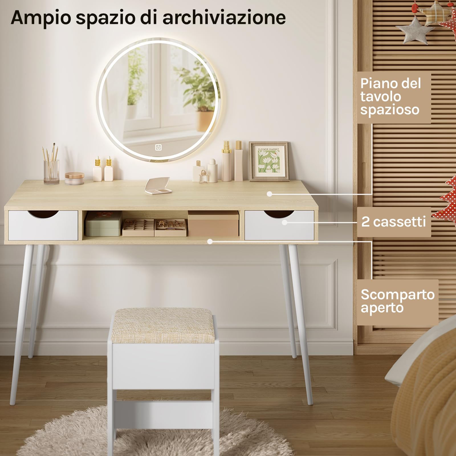 WOLTU Scrivania Bianca, Tavolo Quercia PC | con 2 Cassetti e Ripiano, 120x58x75 cm, per Soggiorno, Telaio Metallo