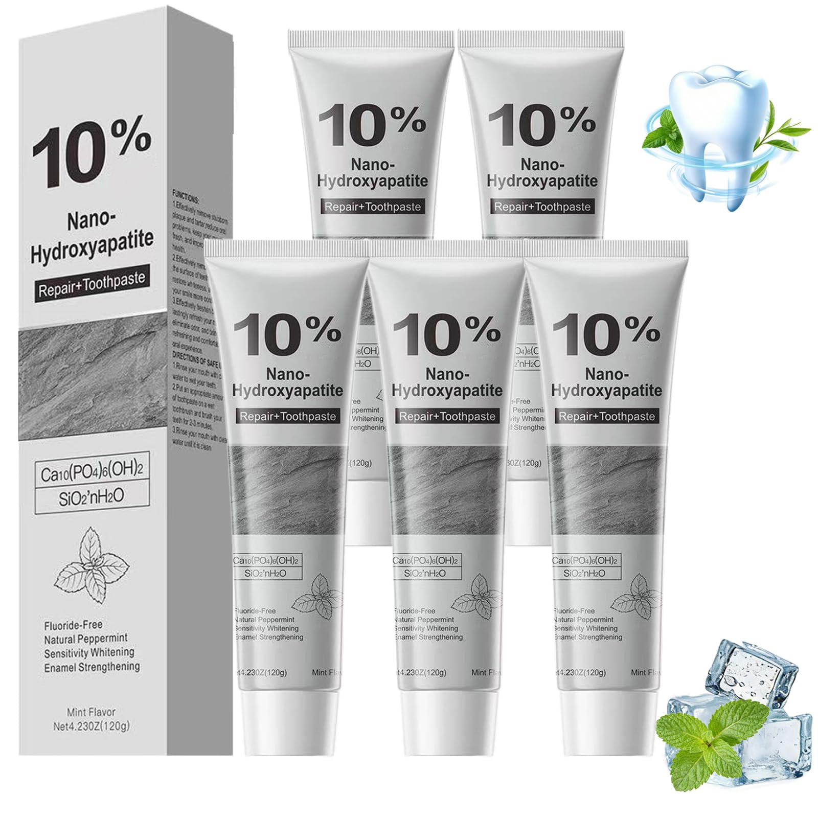 Dentifricio Nano Idrossiapatite Al 10% - Senza Fluoro,riparazione E rimineralizzazione dello smalto,Sbiancamento E Protezione Della Cavità Per Denti Sensibili,Sapore Di Menta Fresca,120 G (5pcs)