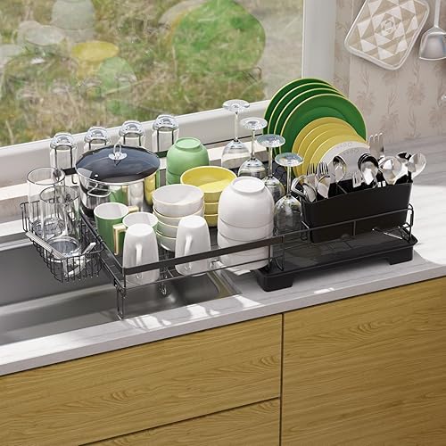 Miniatura 9 de Escurridor de platos con escurridor, escurridor de platos inoxidable para encimera de cocina, escurridor de platos de gran capacidad con soporte