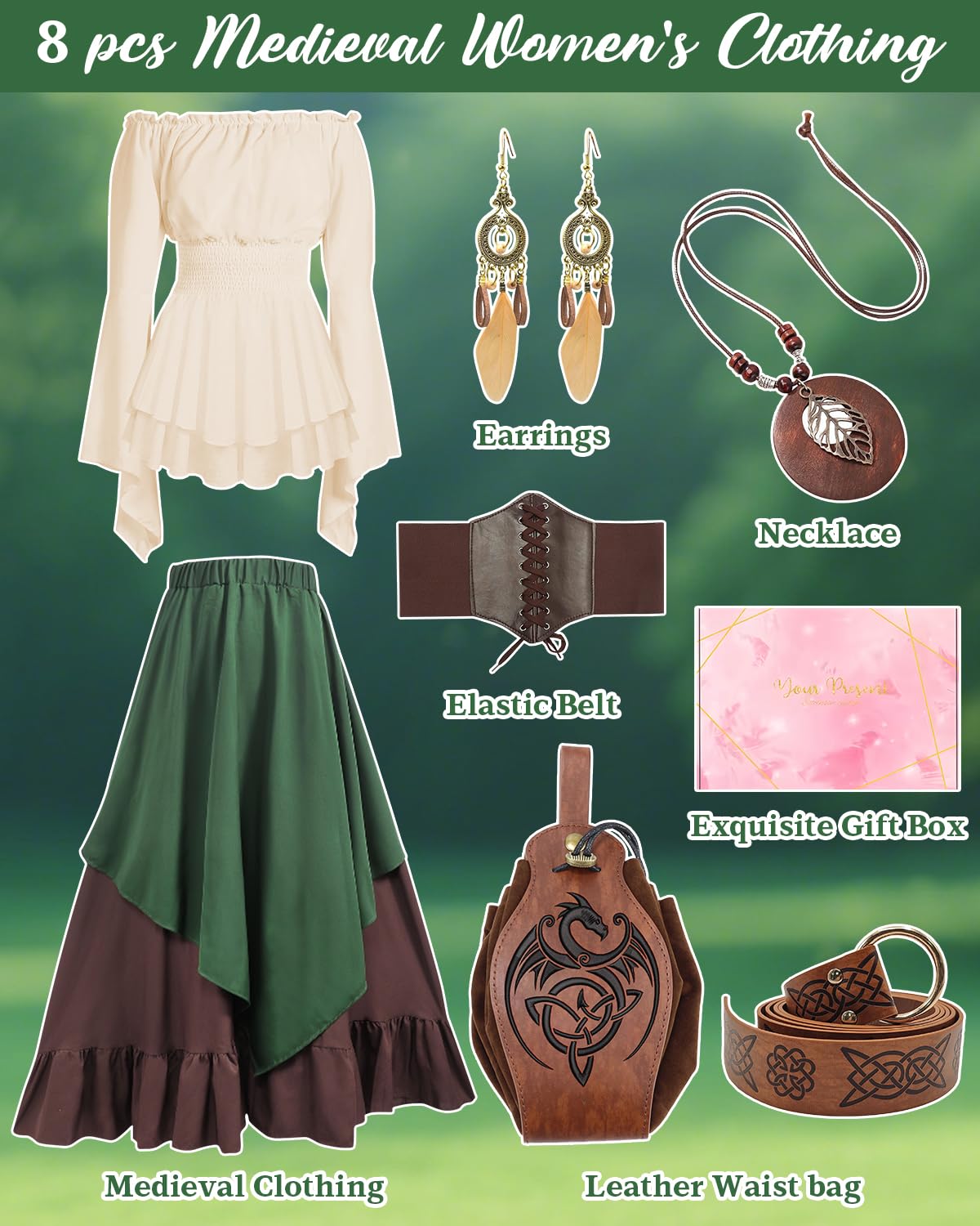 8 Pcs Ropa Medieval para Mujer con Accesorios y Caja | Disfraz Renacentista para Mujer con Corsé, Riñonera, Cinturón, Vestido Victoriano para Carnaval, Halloween, Fiestas