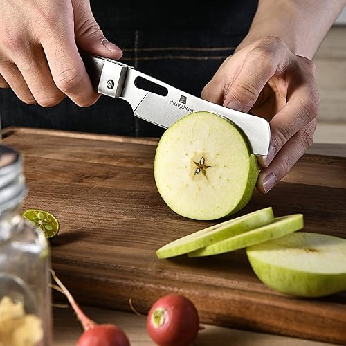 Miniatura 4 de ZhengSheng Cuchillo de chef plegable de 4.8 pulgadas, afilado, hoja de acero inoxidable 440A, mango de madera, plegable, estilo japonés, cuchillo de
