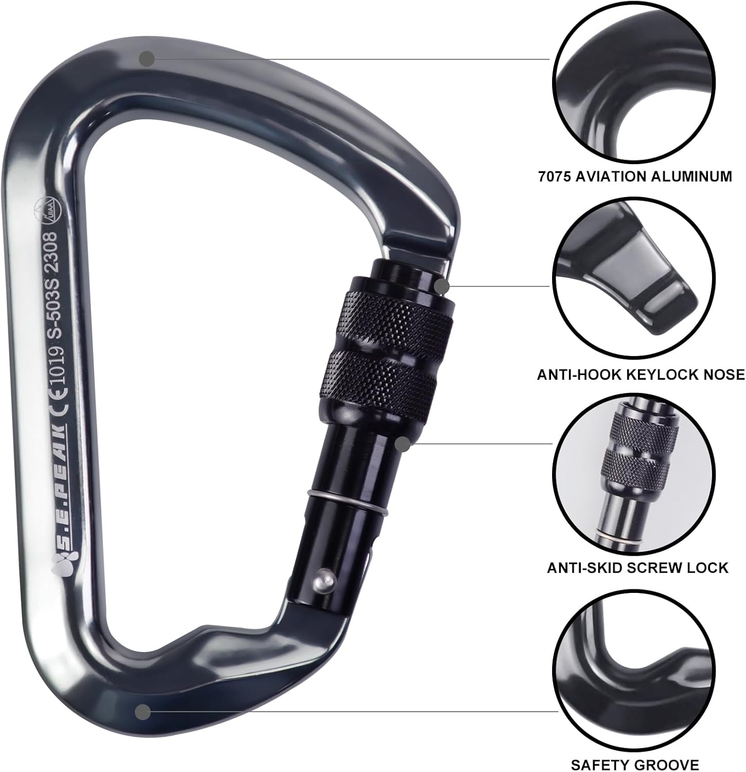 SEPEAK UIAA 30kN Locking Climbing Carabiner, Professional Heavy Duty Screwgate Clip for Outdoor Climbing, Mountaineering, Rappelling, Camping, Hiking, Swing,Large D Carabiner Hook/6744lb - Image 3