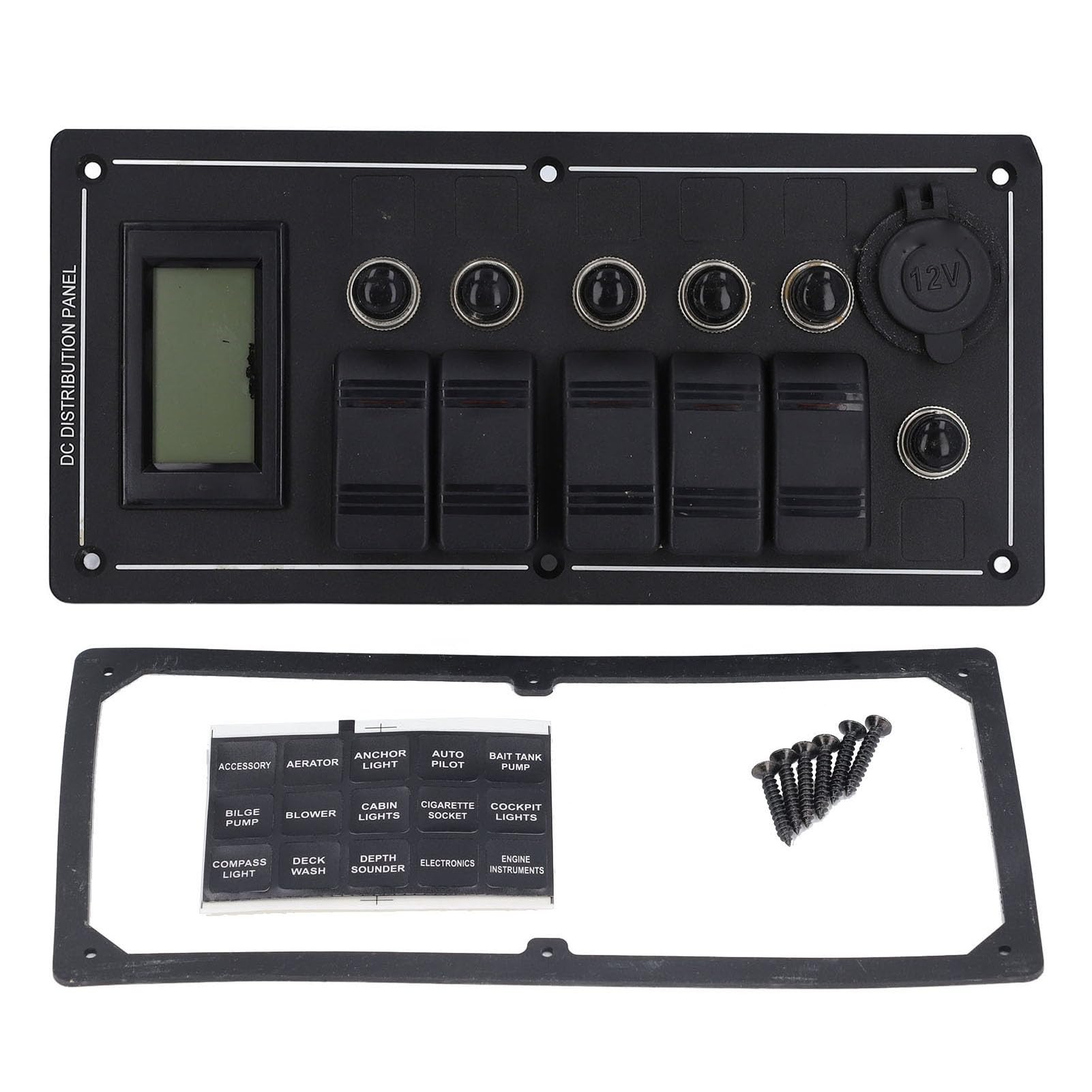 Natudeco 5 Gang Rocker Switch Box Rocker Switch Panel with Overload Protector Socket Voltmeter for Boats Cars RVs Trucks