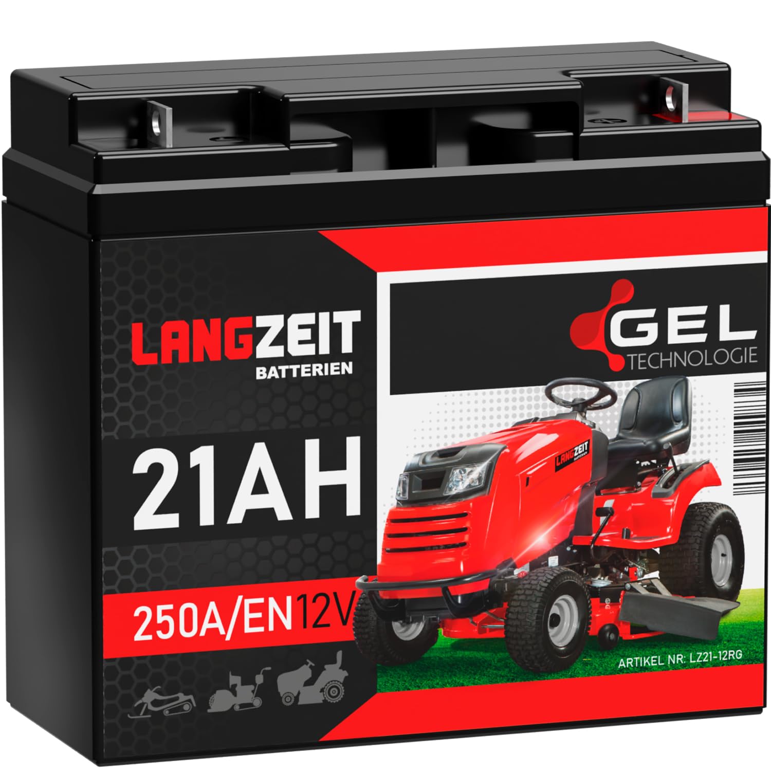 LANGZEIT Batteria per trattorino rasaerba 12V 21Ah 250A/EN Batteria 12V Gel doppia durata sostituisce batteria tagliaerba 17Ah 18Ah 20Ah 22Ah 23Ah precaricata, a tenuta stagna, senza manutenzione