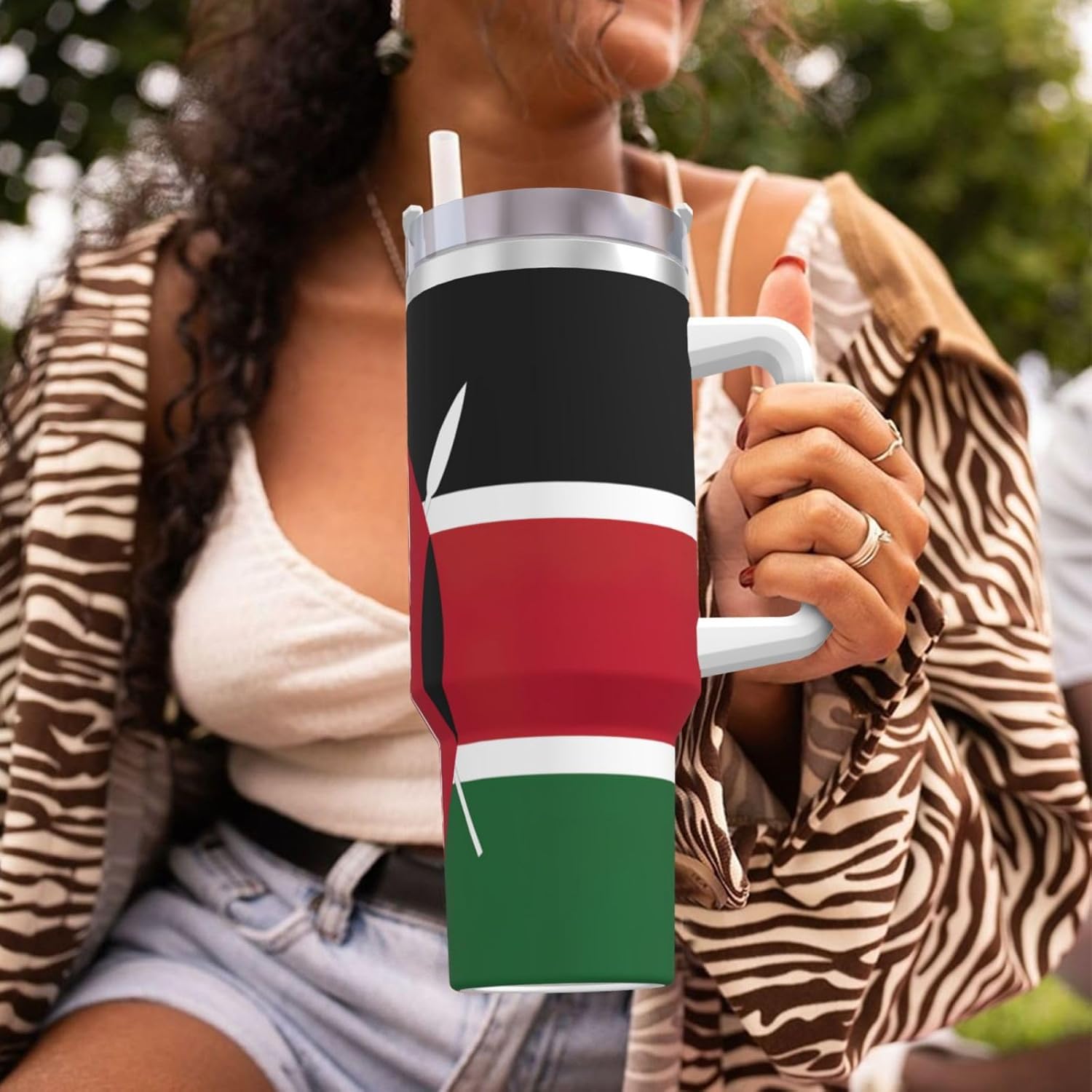 40 OZ Flag of Kenya Print Ice Bully Cup with Handle Straw Lid Straw,Stainless Steel Tumbler Coffee Cup
