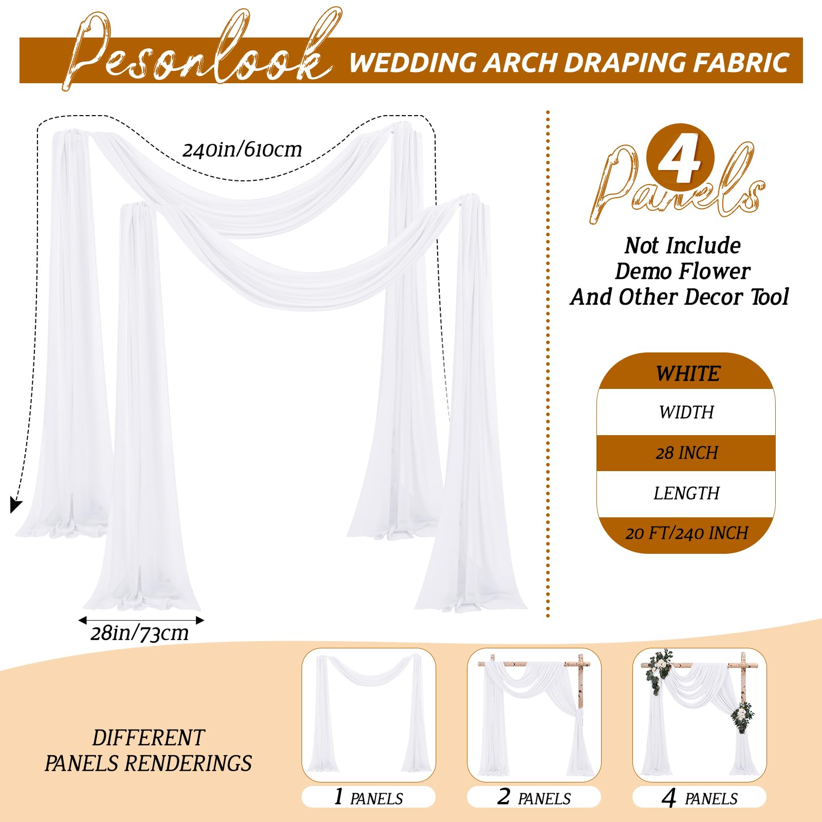 Lot de 4 panneaux de tissu drapé pour arche de mariage, 73 cm x 6,1 m, blanc pour arche de mariage, décoration de cérémonie, arche de scène, église, fête, décoration de plafond