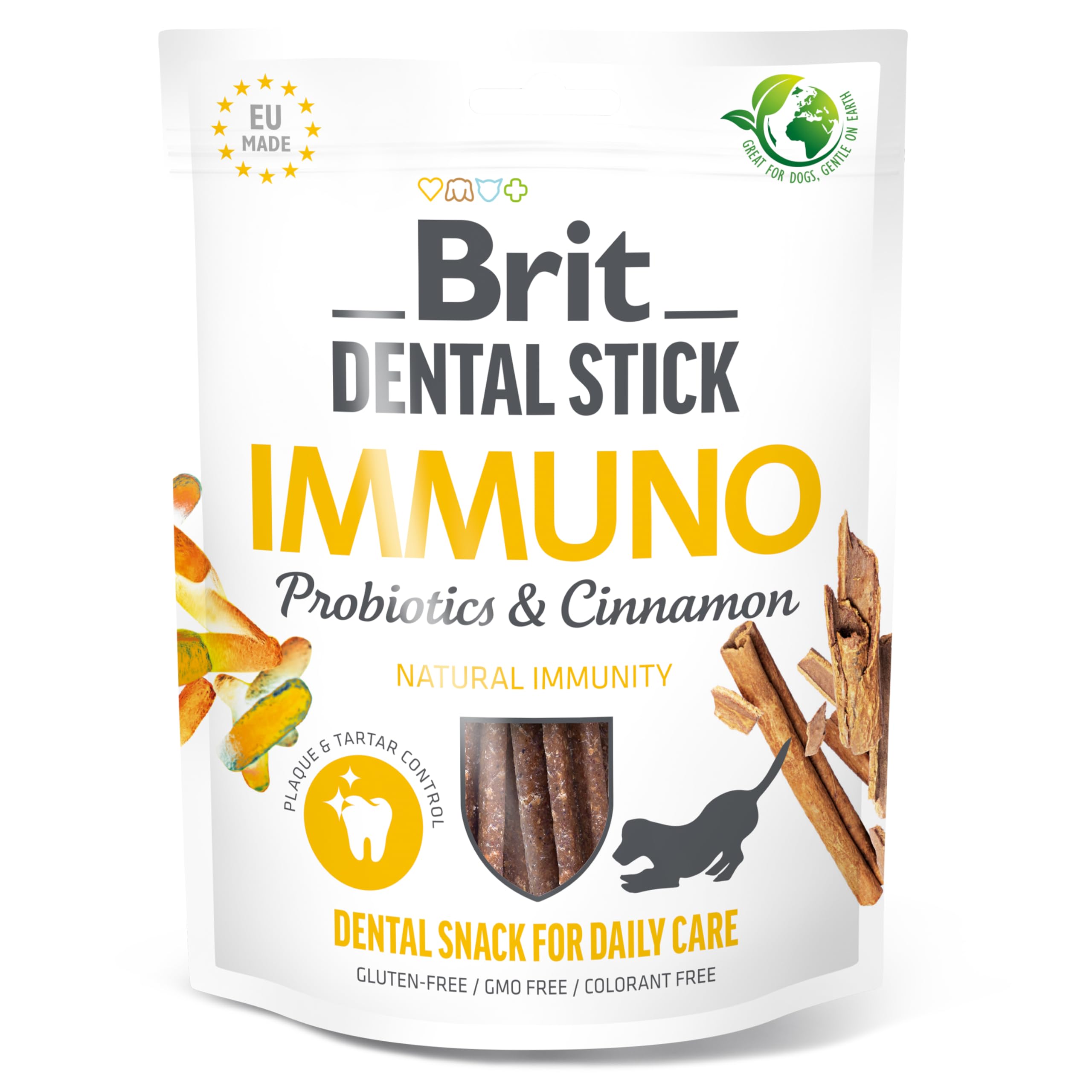 Brit – Dog Dental Sticks with ingredients to support Immunity and Gut Health, Probiotics & Cinnamon Flavour, 1 pack of 7 sticks