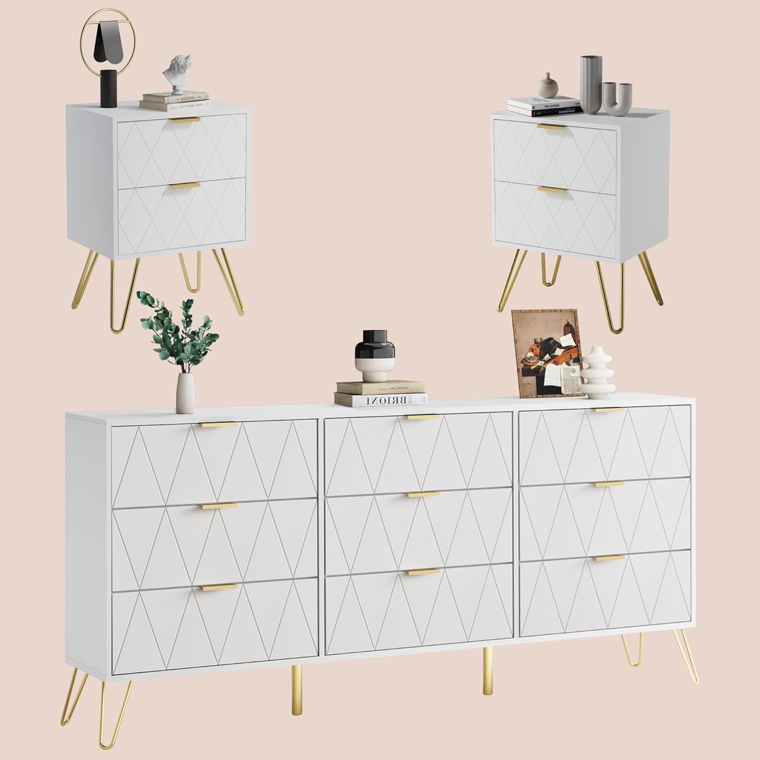 Anbuy White Bedroom Sets 3 Pcs Bedroom Sets, 9 Drawer