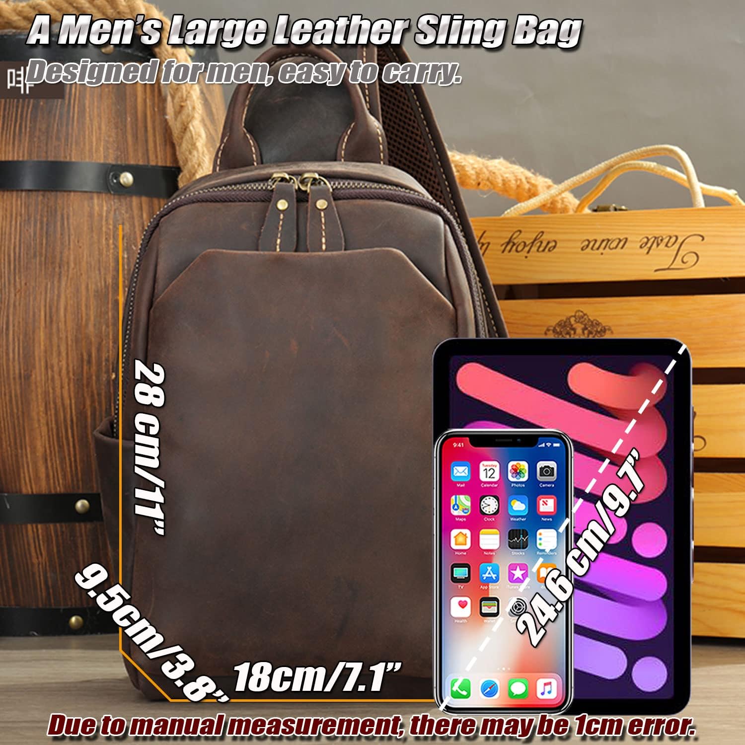 Men's Full Grain Leather Sling Backpack, Casual Crossbody Shoulder Bags, Vintage Chest Travel Daypack for 10.5 Inch iPad