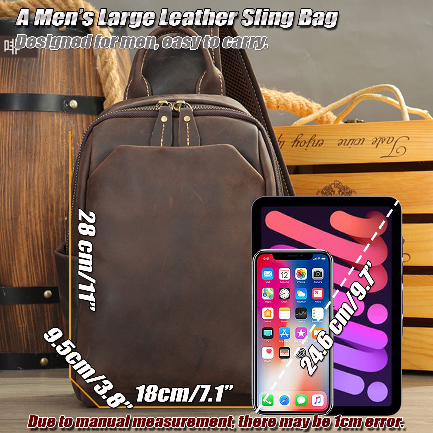Zaino Monospalla Classico Uomo in Vera Pelle, Borsa a Tracolla Casual da Viaggio, Zainetto a Spalla da Uomo, Borse da Petto Vintage per Tablet da 10,5 Pollici