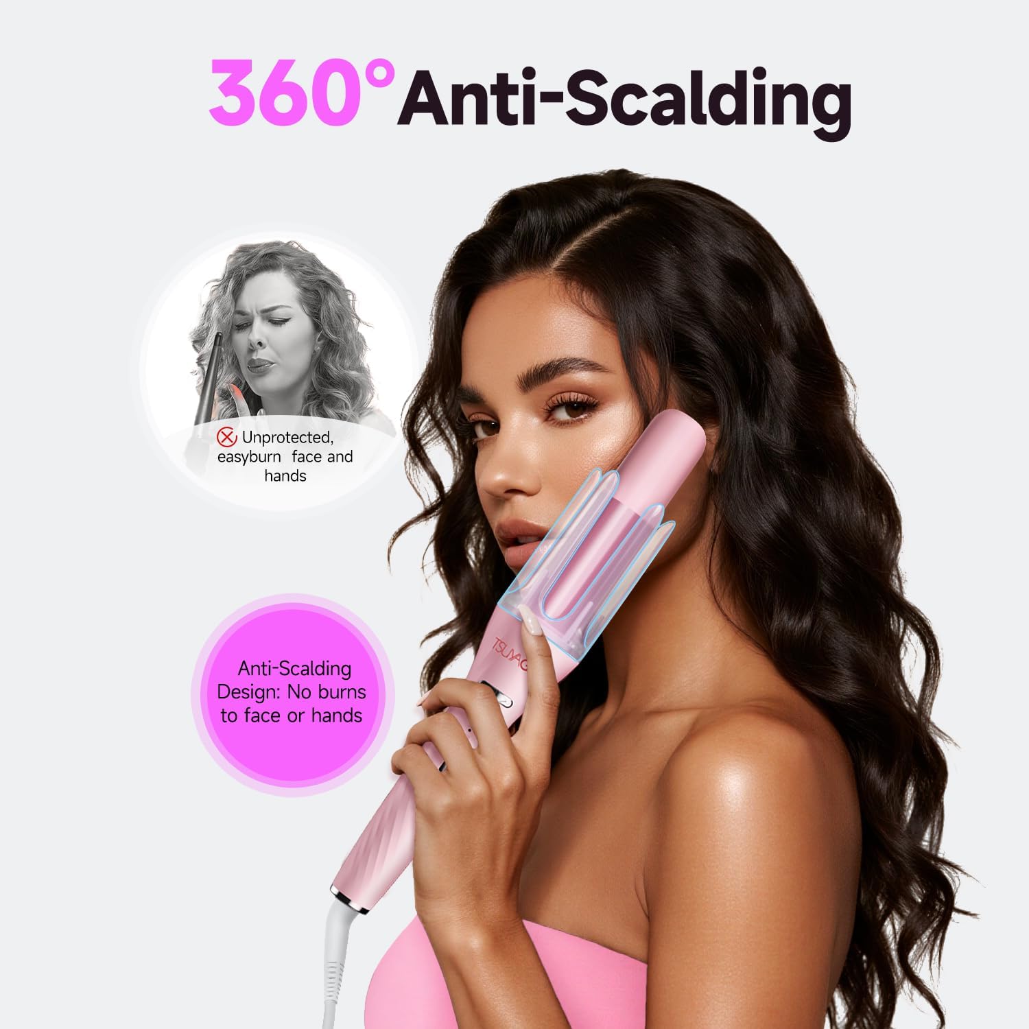 3 in 1 Automatic Curling Iron, Hair Curlers with 3 Curling Barrels (1" - 1.25" - 1.5"), Rotating Curling Iron with 3 Temp, 2-Way Rotation, 10S Fast Heating, Anti-Scald, Dual Voltage, Pink - Image 6