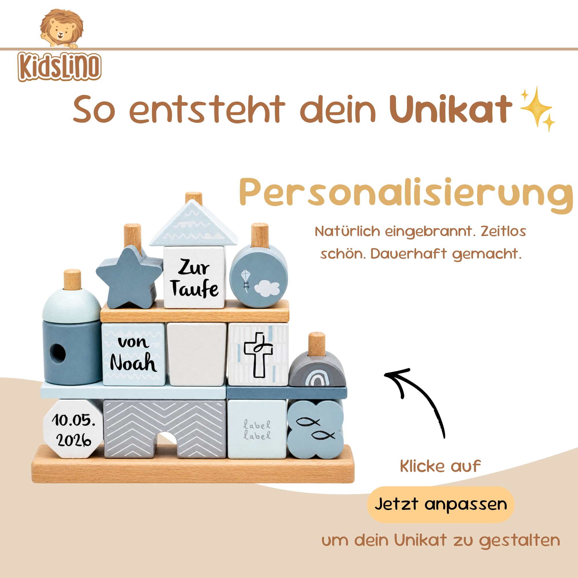 Personalisierbares Holz-Taufhaus Blau – fördert Feinmotorik & Vorstellungskraft – für Kinder ab 18 Monaten – personalisiert mit Namen und Taufdatum – Label Label