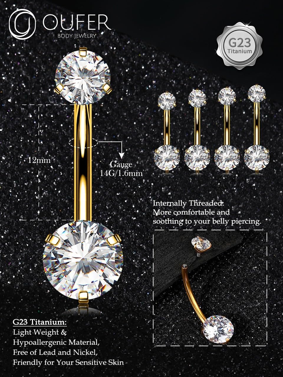 OUFER Belly Button Rings, G23 Solid Titanium Belly Rings, Clear CZ Navel Piercing Jewelry, Internally Threaded Belly Piercing Jewelry for Women - Image 4