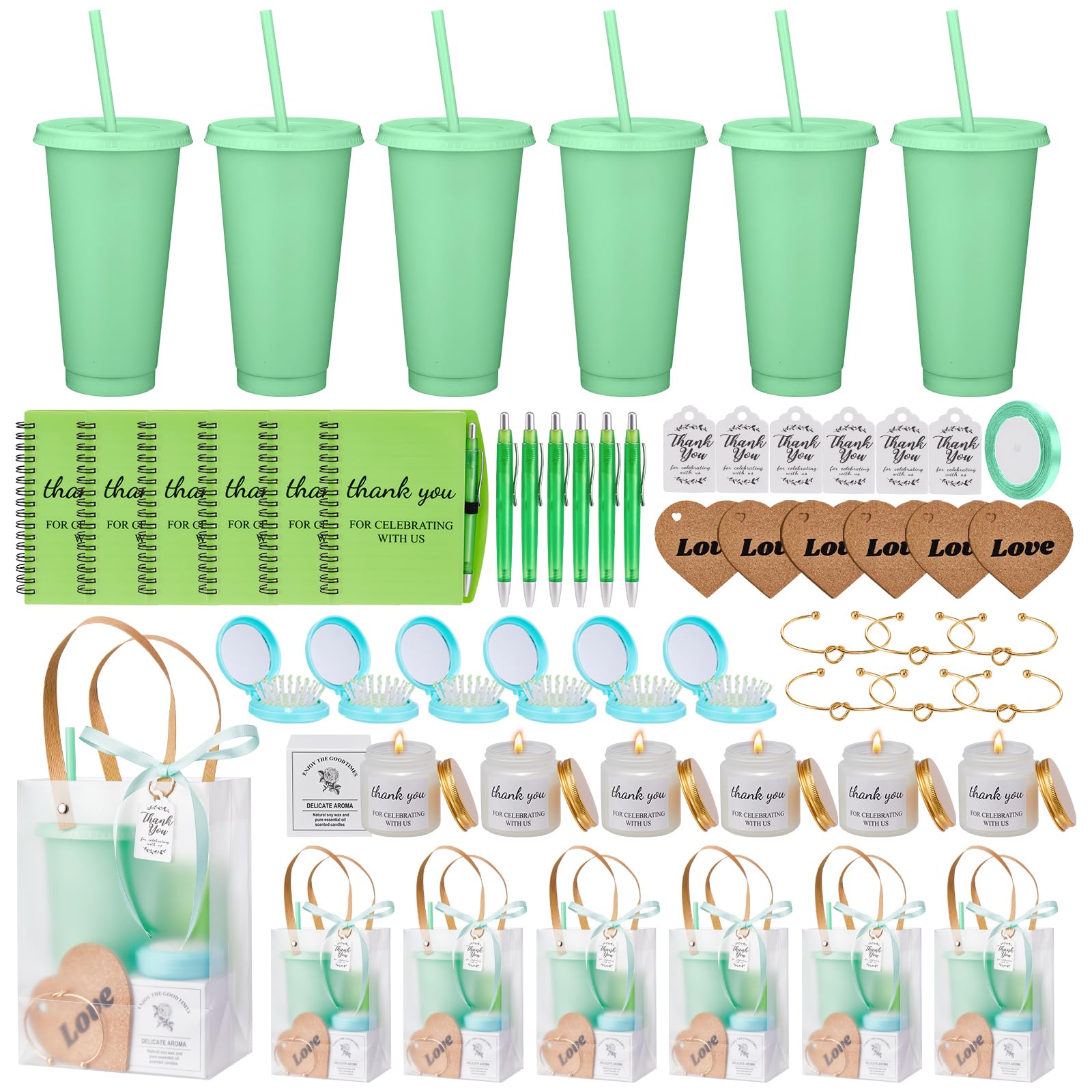 50 premios para baby shower para ganadores del juego, regalos para baby shower, incluyendo vaso de plástico, cuaderno, velas perfumadas, bolígrafo, espejos con cepillos para el pelo, pulsera, bolsa de