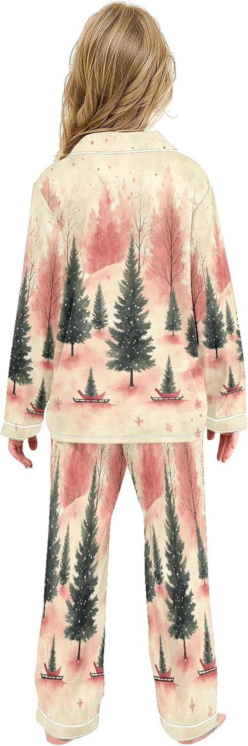 Christmas Trees Soft Red Satin Pajama Set Long Sleeve Pajamas Silk Sleepwear 2 Piece Pjs, Size 7-8 Years