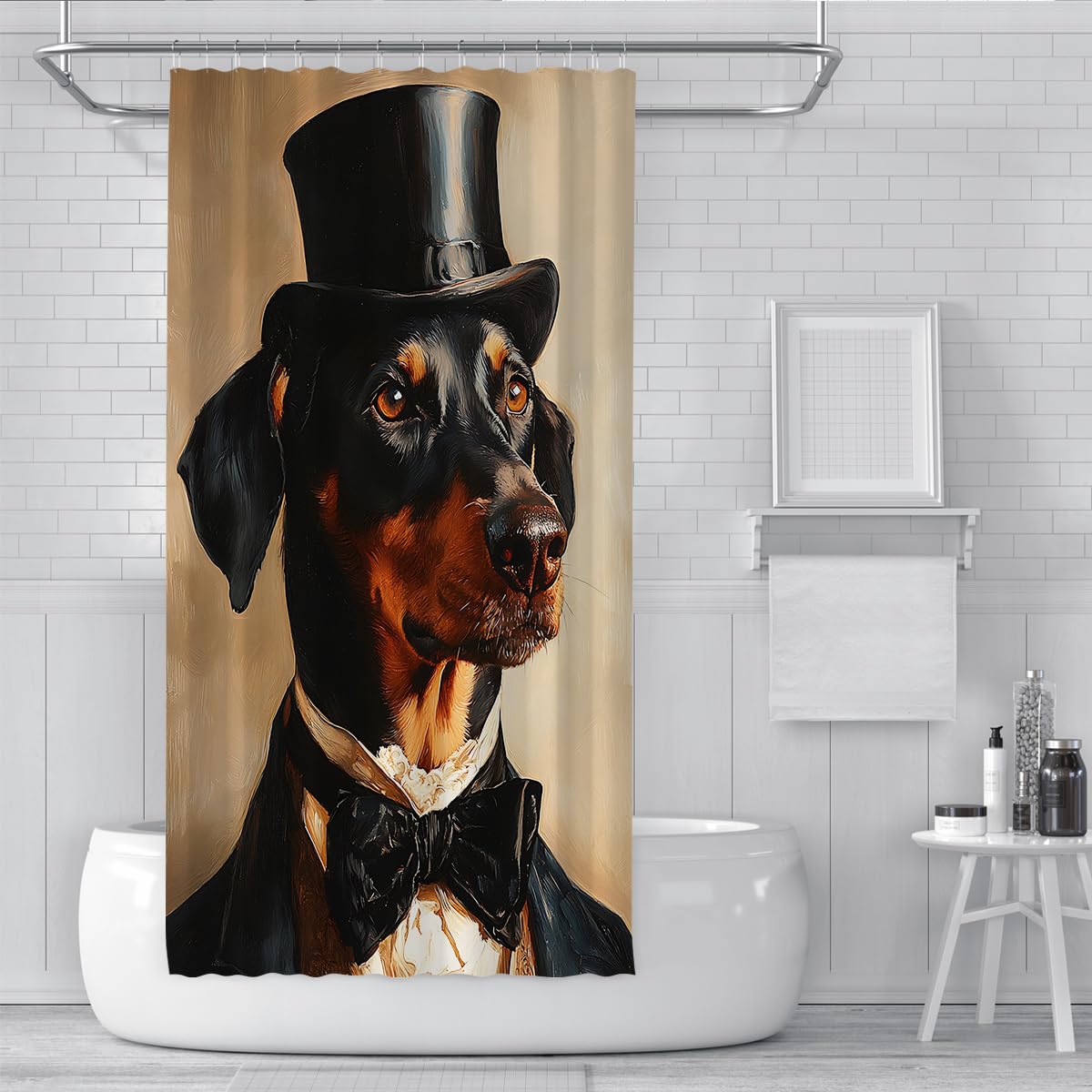 Tende doccia dobermann W200xL200cm Retro gentile animale cappello alto papillon nero sfondo chiaro impermeabile resistente muffa lavabile tessuto Tende bagno per casa vacanze con ganci