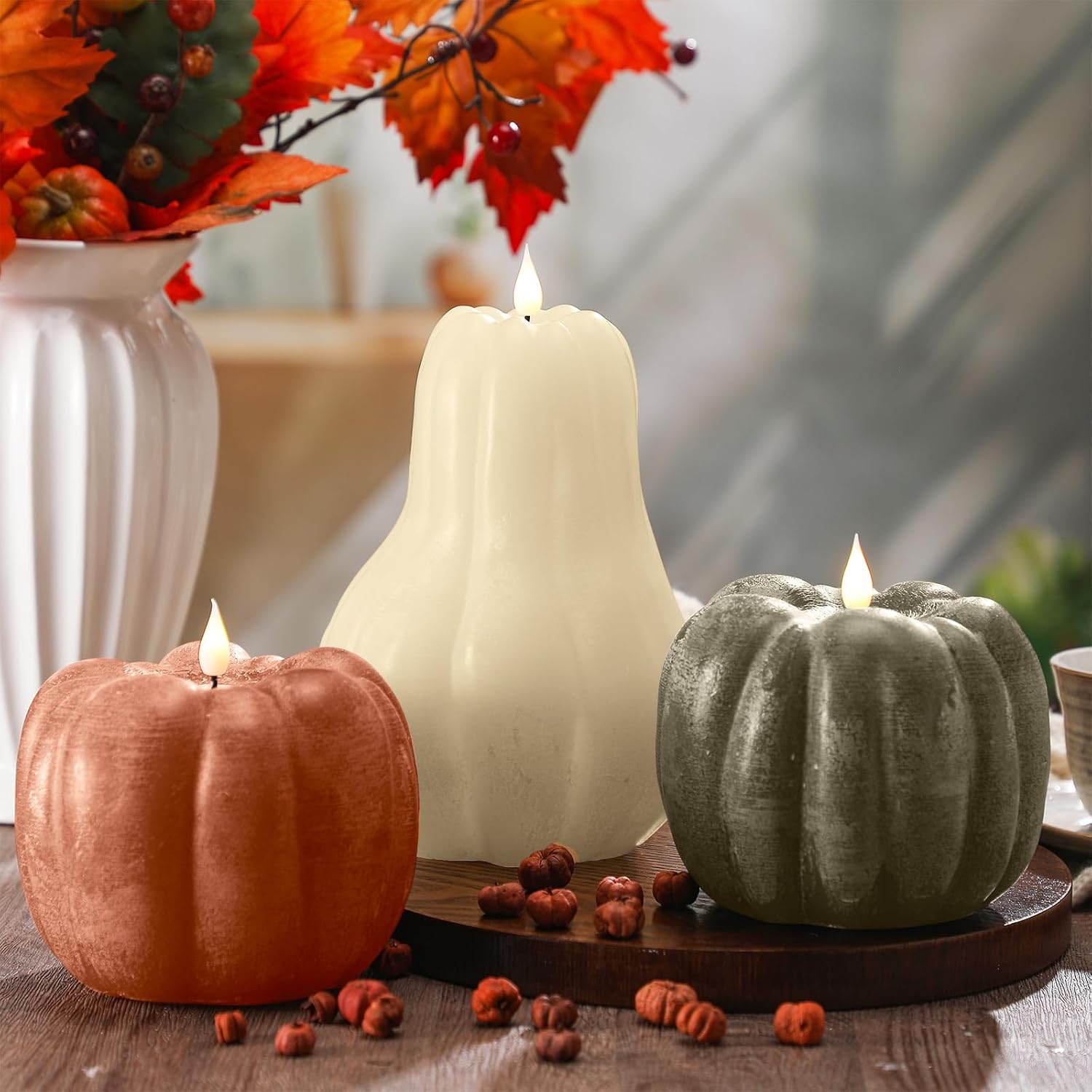 Baquler 3 Pcs Halloween Pumpkin Flameless Candle LED Farmhouse Rustic Thanksgiving Wax Flickering Candle Decorations Gifts for Autumn Fall Harvest Holiday Table