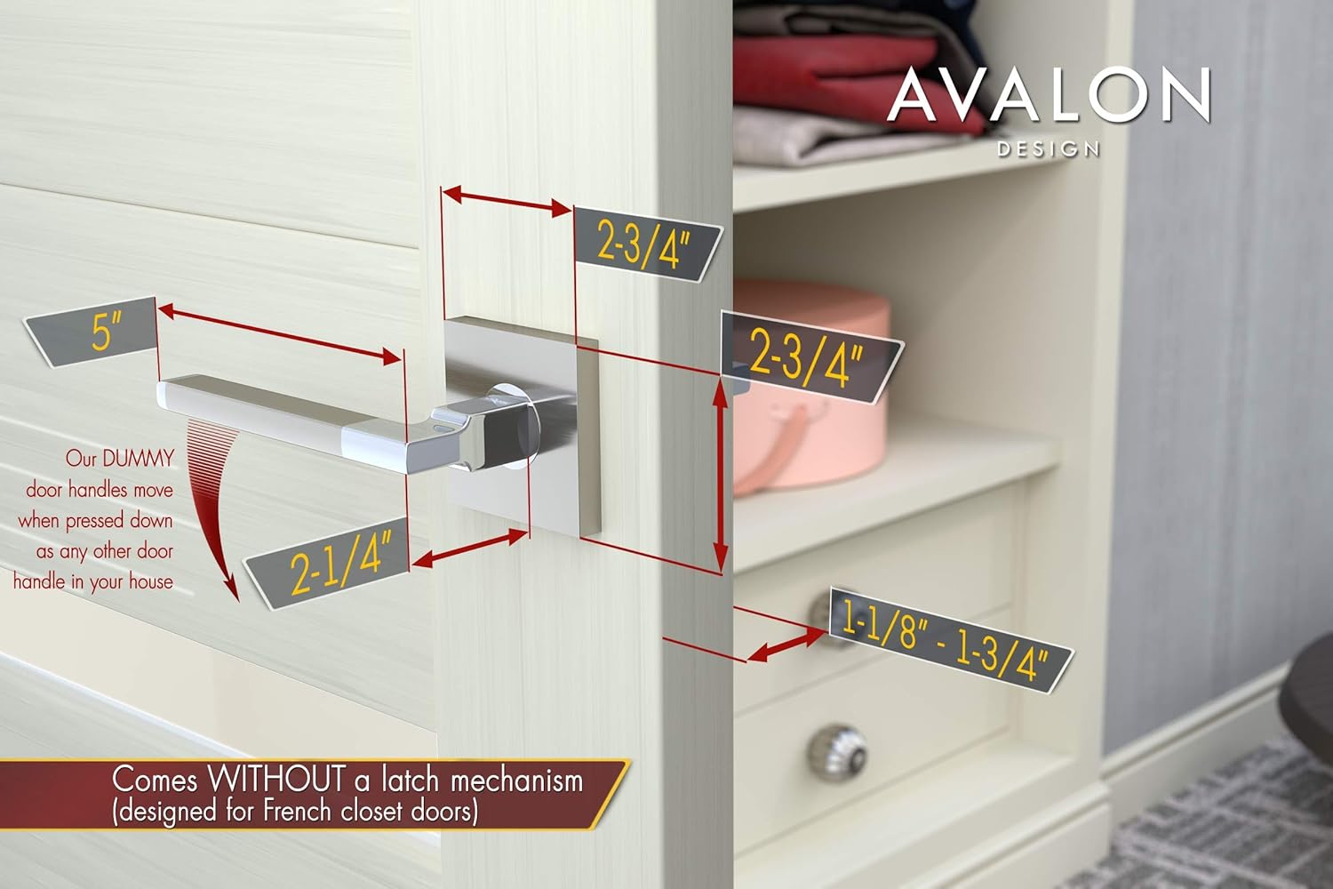Avalon 0531 'Concord' - Dummy (French Closet) Door Handles NO Latch Mechanism in Satin Nickel Finish (Set of 2)