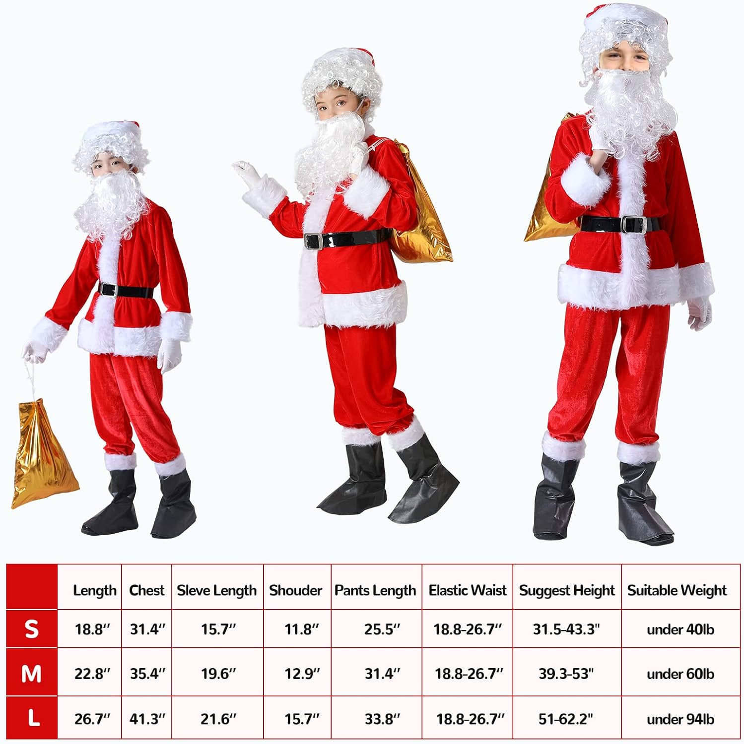 Miniatura 4 de ZAKUN Conjunto de traje de Papá Noel para niños, 9 piezas, disfraz de Papá Noel para niños, disfraz de Papá Noel de terciopelo para niños