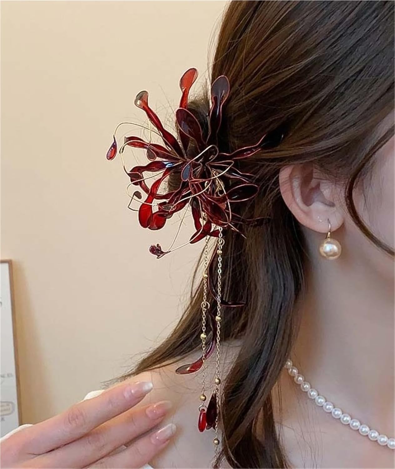 Side Tassel Hair Clip Super Fairy Red Spider Lily Flower Hair Sticks For Women Dripping Oil Tassel Hairpins Vintage Hanfu Chopsticks Wedding(Color1)