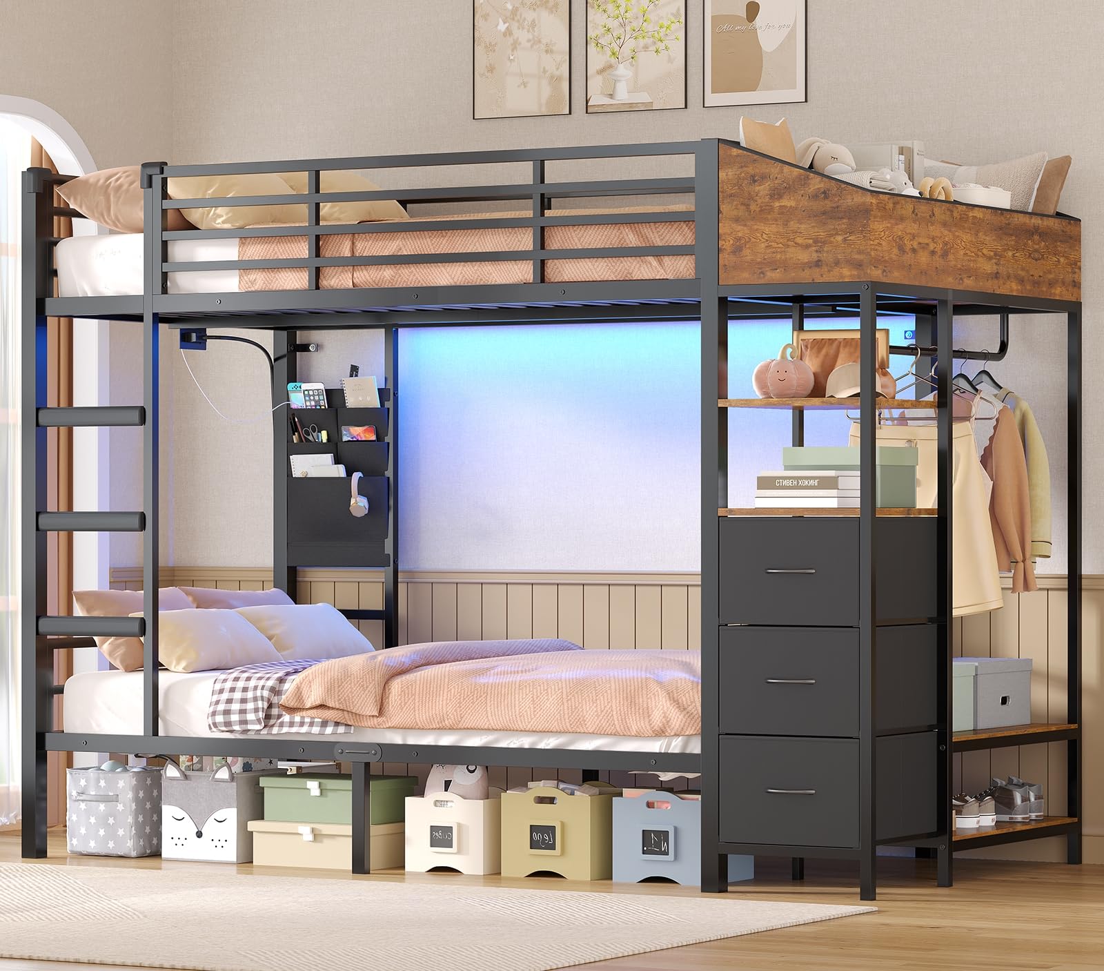 AOGLLATI Lit Superposé Enfant avec Éclairage LED et 4 Ports USB, Lit Mezzanine 2 Places avec 4 Étagères, Tringle, Sac, 3 Tiroirs et 2 Niche en Tissu, Lit Enfant 90x200 en Métal pour Familles Nombreux