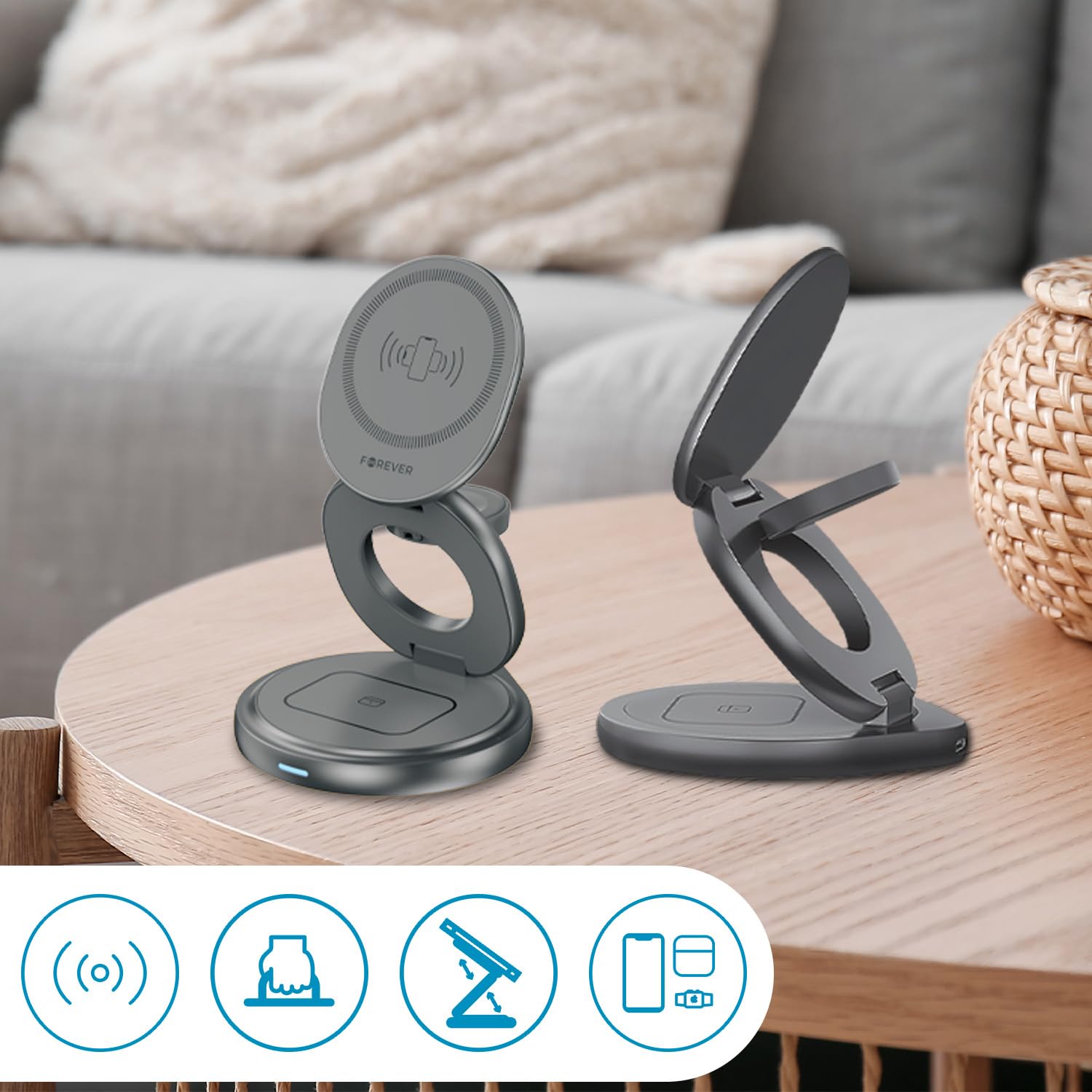 Forever - Estación de carga magnética inductiva 3 en 1 gris - Soporte con cargador inalámbrico de 15 W - Cargadores de teléfono con rotación de 360° - Estación de cargador de inducción para iPhone