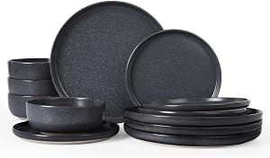 Richmount Milkyway Plates and Bowls Set, 12 Pieces Dinnerware Sets, Reactive Glaze Dish Set, Stoneware Dishes Set for 4, Matte Dark Charcoal