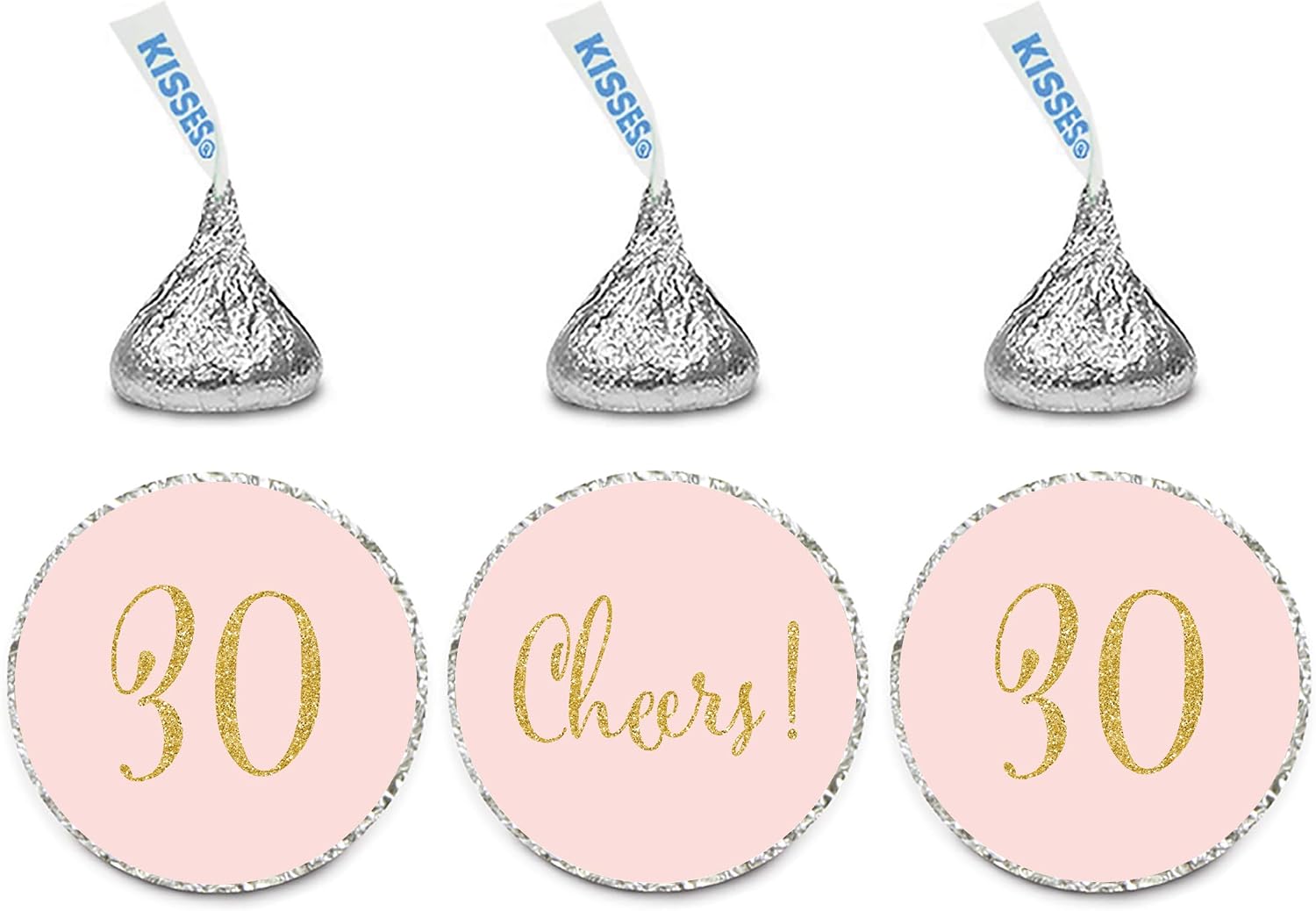 Andaz Press Gold Glitter Print Chocolate Drop Labels Stickers, Cheers 30, Happy 30th Birthday, Anniversary, Reunion, Blush Pink, 240-Pack, Not Real Glitter, for Hershey's Kisses Party Favors