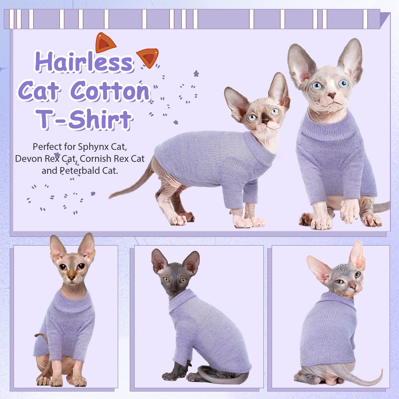 DENTRUN Sphynx Cat Clothes Hairless Cat Outfit Kitten Jumper Breathable Cat Onesie Turtleneck Sweater Adorable Cat Clothing Vest Pajamas Jumpsuit - Image 2