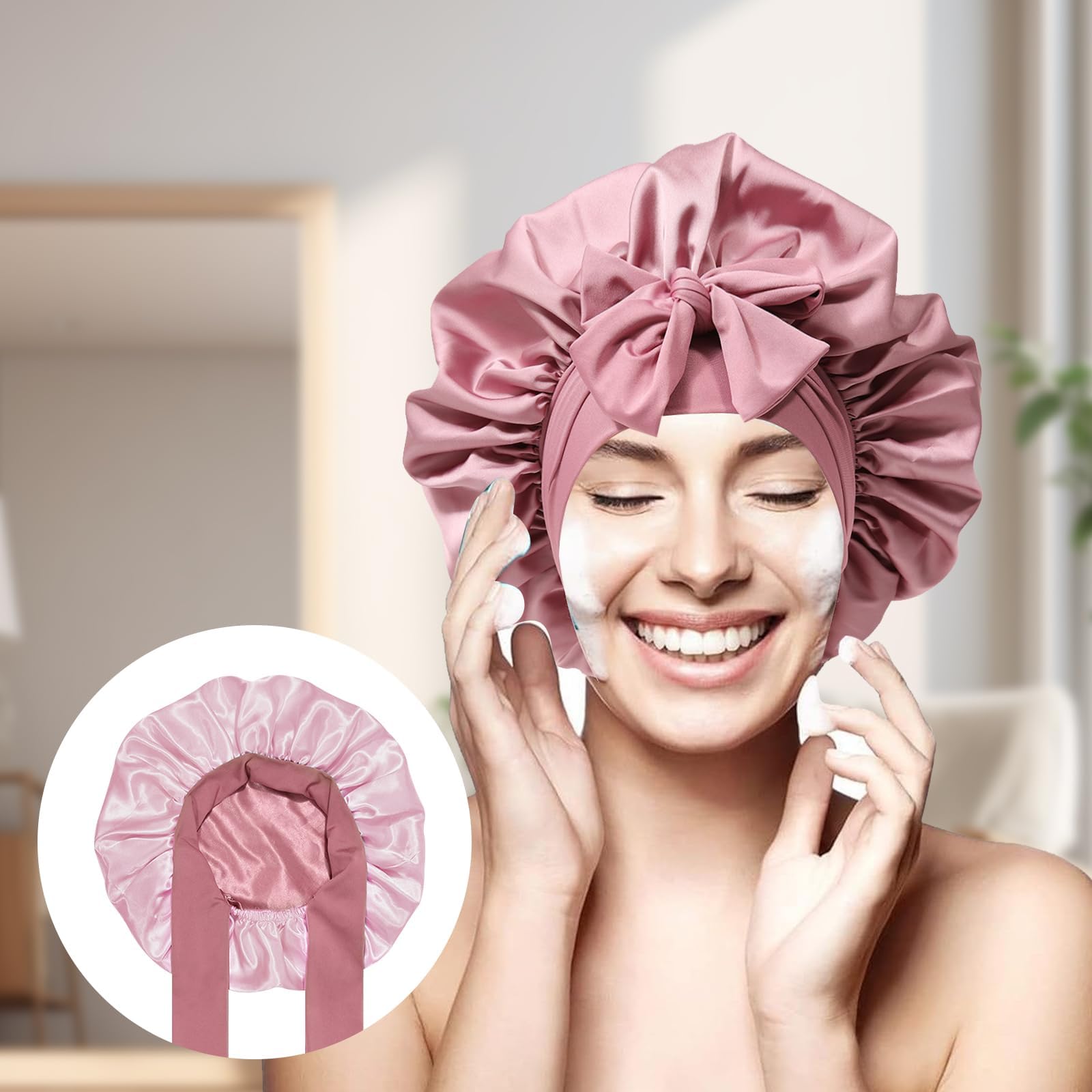 Bonnet de sommeil en soie pour femme - Réglable - Double face - Réglable - Double face, Poudré