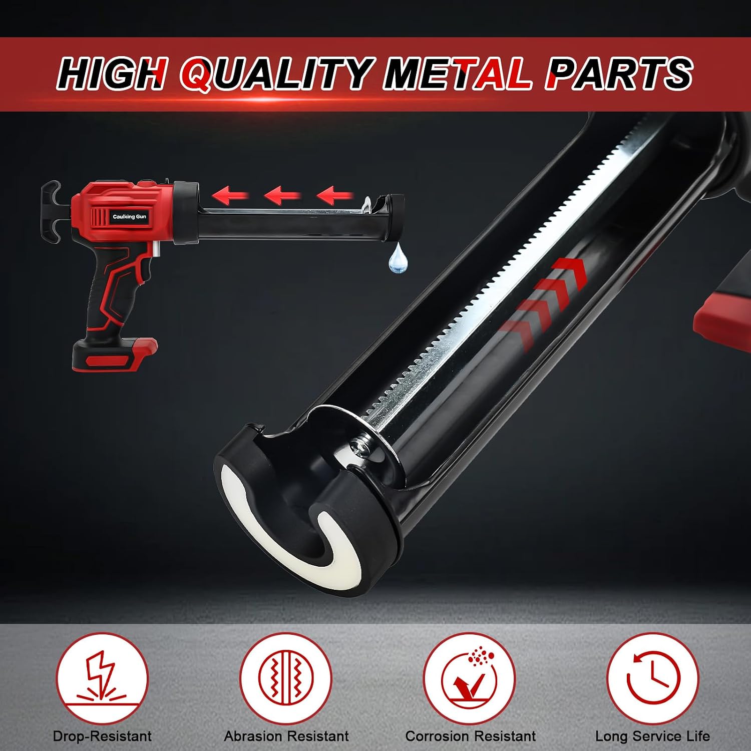 Close-up of the caulking gun's metal parts and anti-drip mechanism