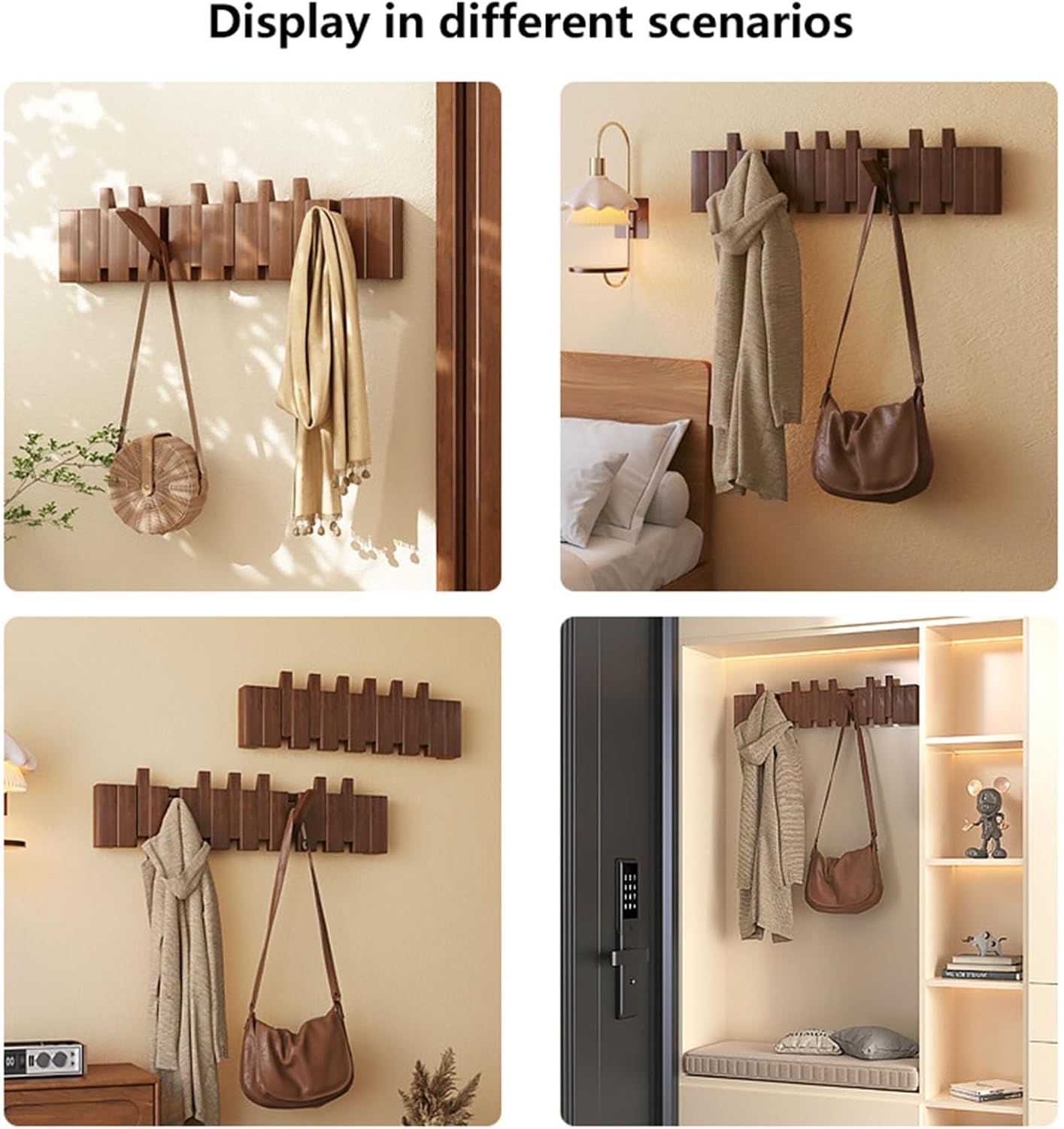 Wooden Wall Hooks Coat Rack, Piano Key Design Wall Mounted Hanger, Magnetic Retractable Organizer Multiple for Entryway Bedroom Bathroom Towel Hat Bag Key(12hooks)