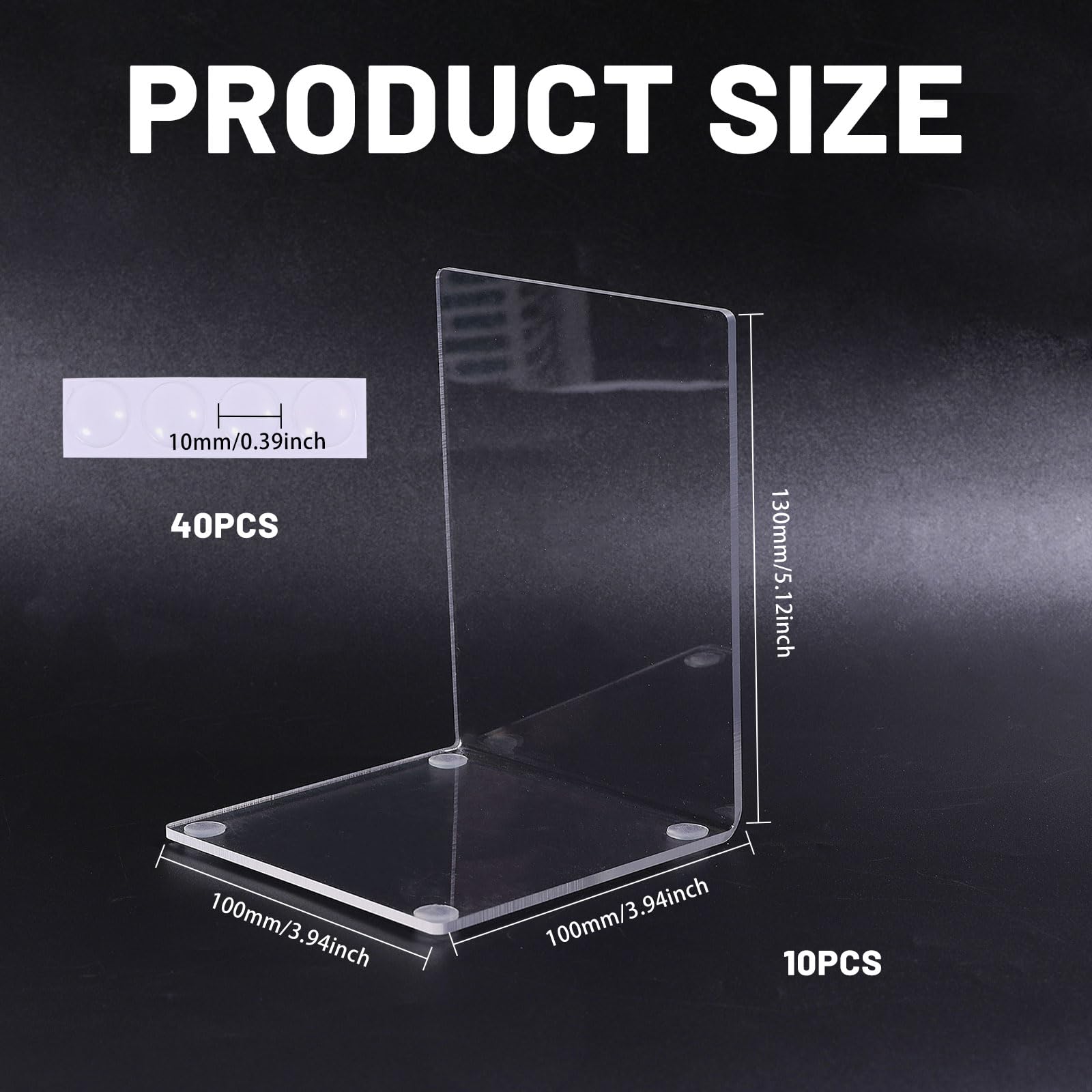 GLOBLELAND 10 Pieces Acrylic Book Ends for Shelves Clear Bookends Transparent Shlef Book Stopper with Silicone Non-Slip Mats Clear Books Holders for Library Office Movies CDs Video Games - Image 2