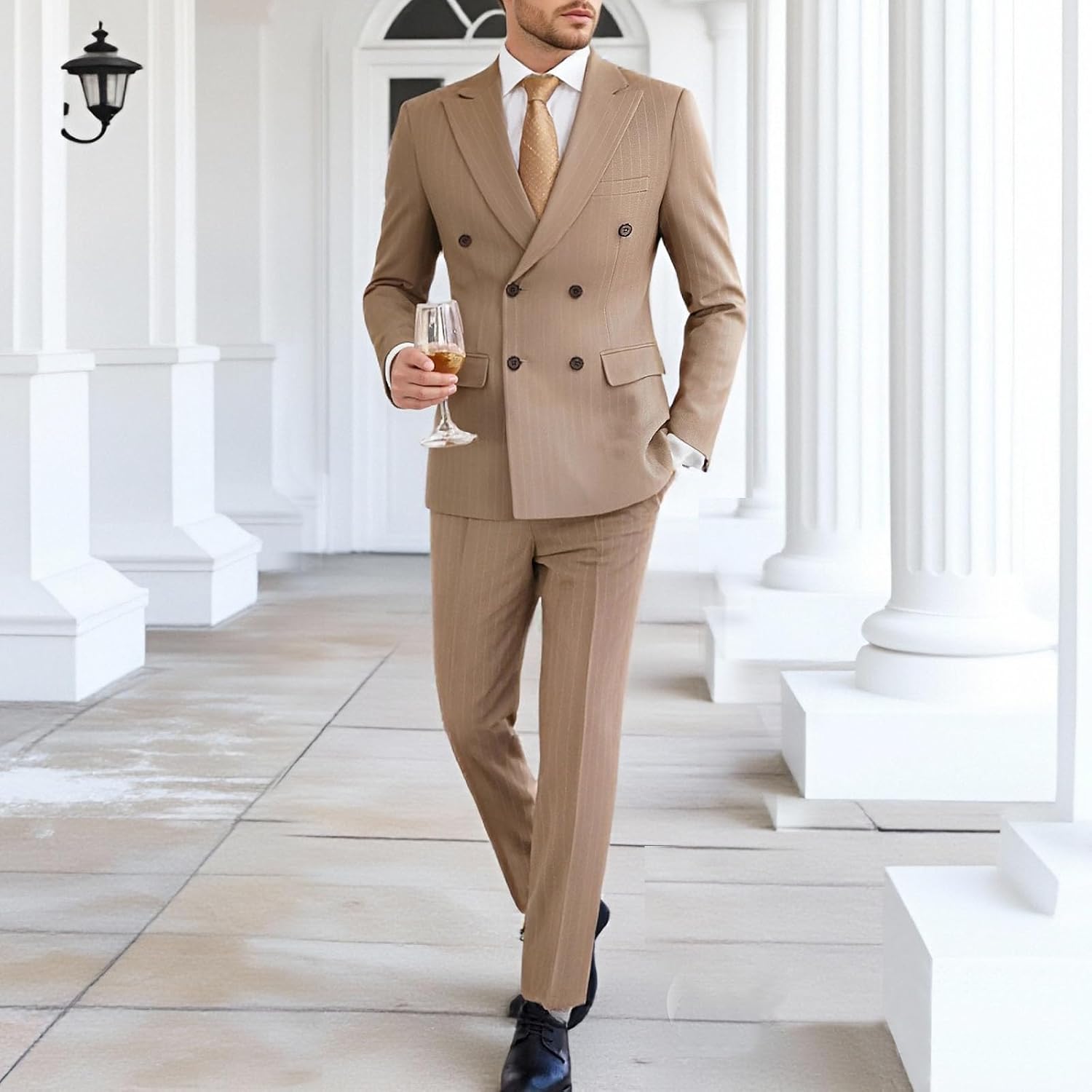 Men's Slim Fit Stripe Tuxedo Set 2 Piece Double-Breasted Suit Suit Jacket Pants Set for Wedding Prom