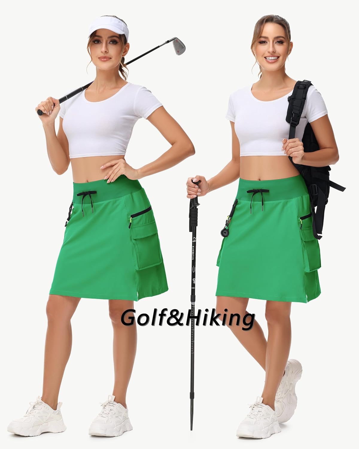 20" Women's Hiking Cargo Skorts Skirts with Zipper Pockets Knee Length Golf Tummy Control Quick Dry Long Skort Green