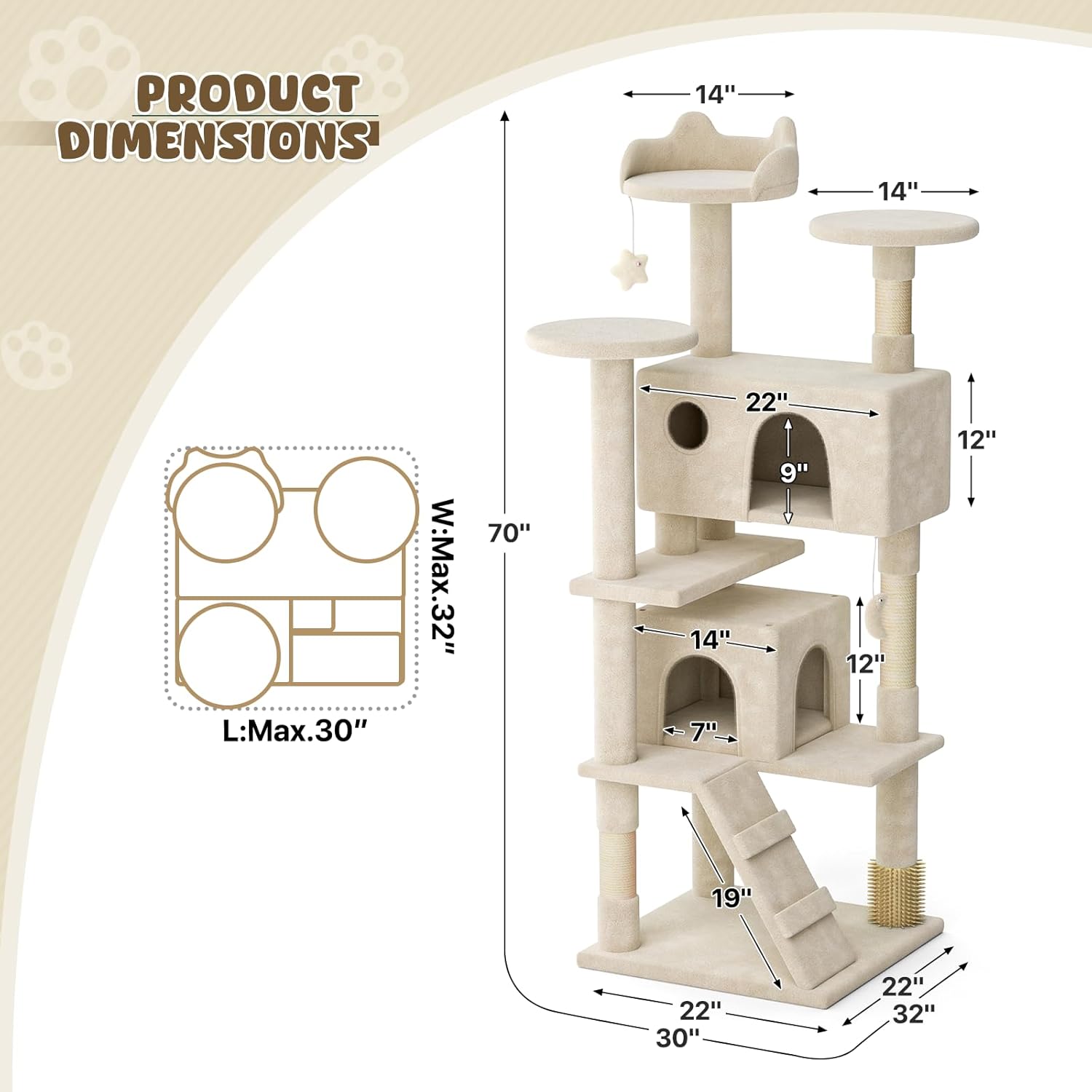 Magshion Cat Tree 70" Cats Tower for Indoor Cats, Multi-Level Cat Condo with Scratching Post, Top Perch, Sisal Board and Dangling Ball, Cat Stand Jumping Platform Kittens Pet Play House (Beige)
