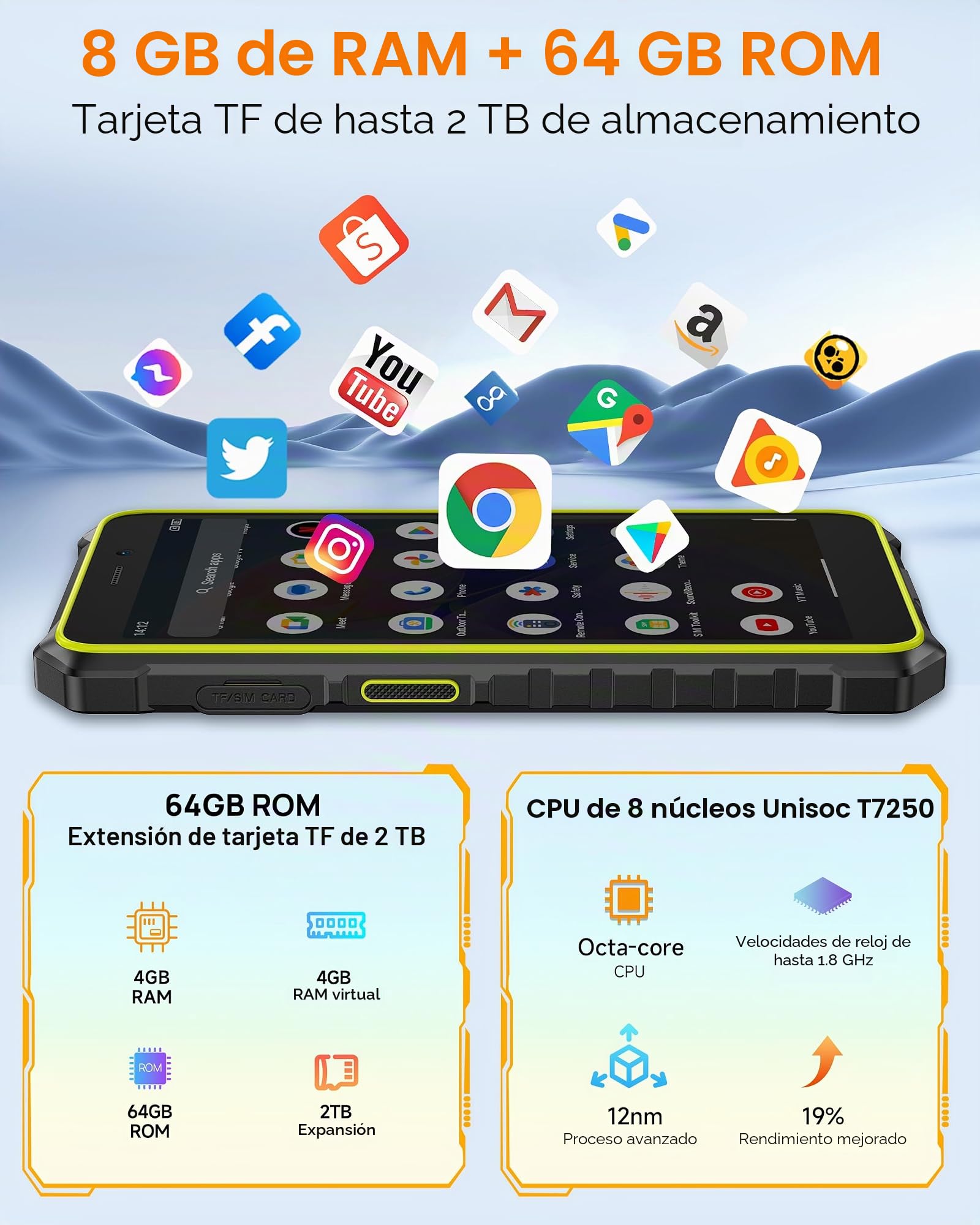 Ulefone Rugking 2 Pro Android 16 Movil Resistente Octa Core 8GB + 64 GB/2TB TF, AI Smartphone 5.45" Cristal Gorilla Movil Irrompible 4550mAh, 13MP, Movil Pequeño NFC/Linterna/Garantía de 2 Años-Verde