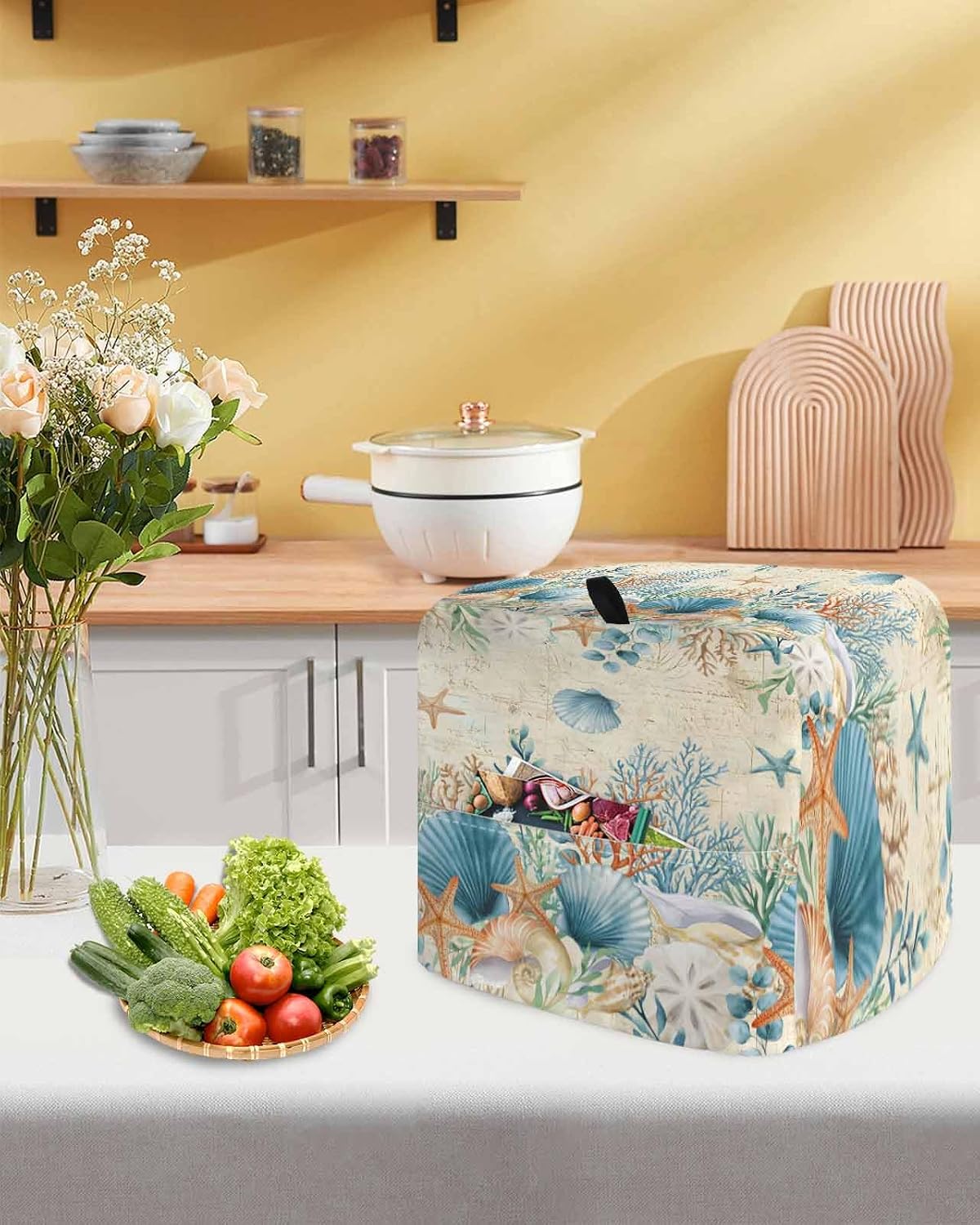 Teal Blue Coastal Stand Mixer Cover with Storage Pocket,Waterproof Kitchen Mixer Covers,Summer Beach Starfish Shell Coral Nautical Retro Kitchen Appliance Dust Cover Compatible with 4/4.5 Quart Mixers