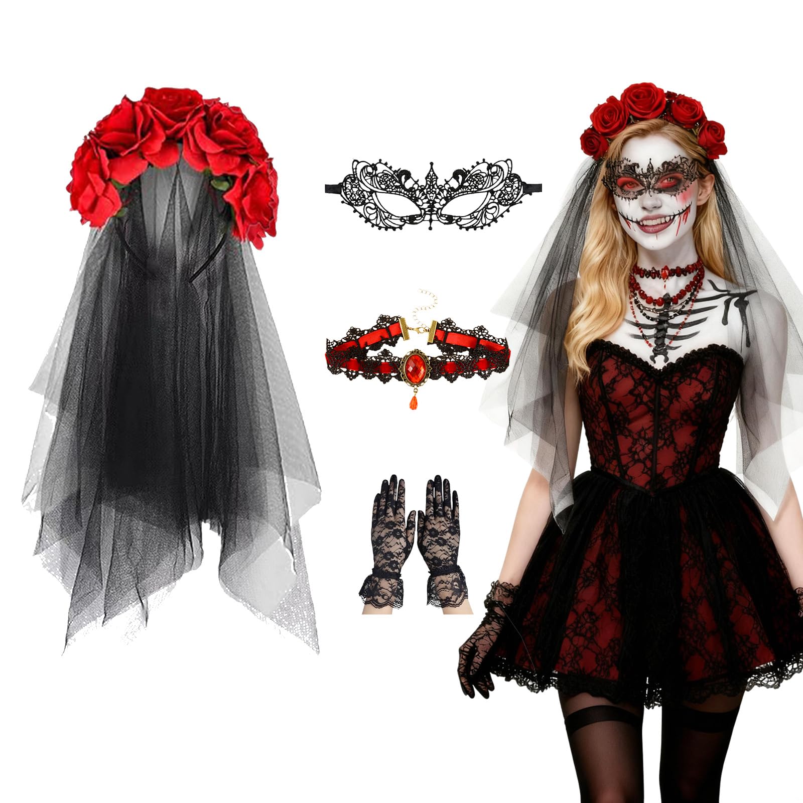 Axvxby Halloween Day of the Dead Headband Costume Set 4 Pieces Gothic Bride Accessories with Lace Veil Rose Necklace Eye Mask and Gloves for Women Halloween Adults Costume Accessory