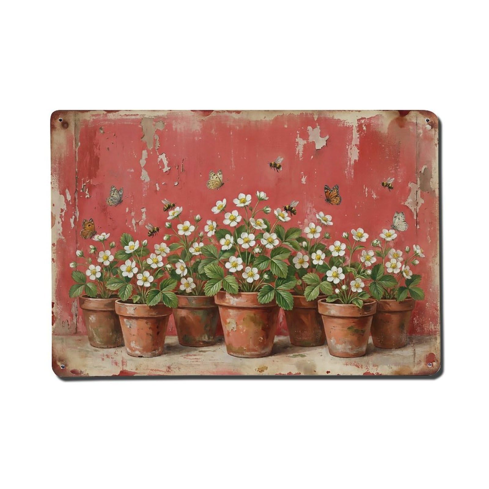 Vintage Rustic Flower Potted Plants Strawberry Metal Tin Sign